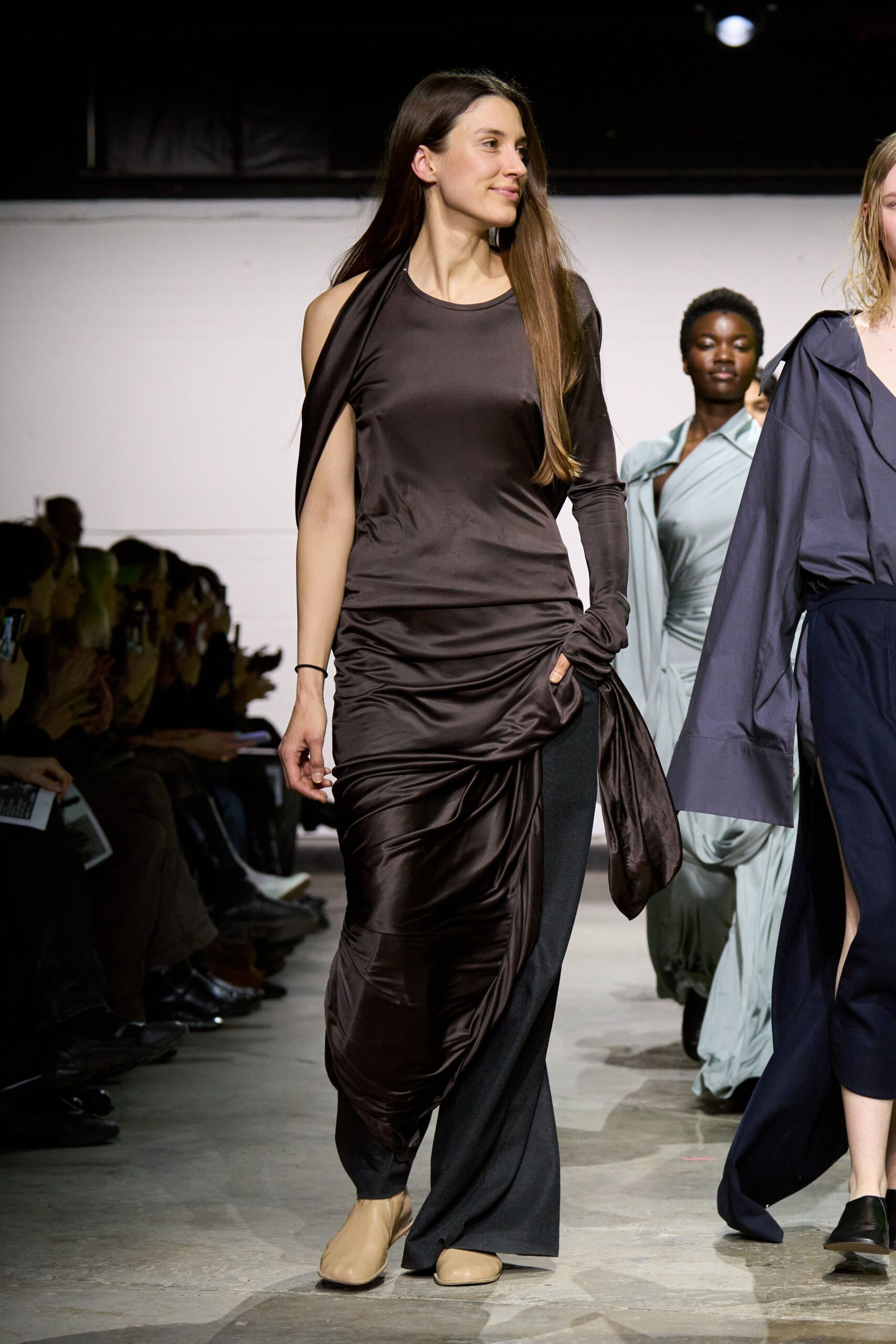 brown silk long-sleeve off-shoulder fitted draped flowing dress