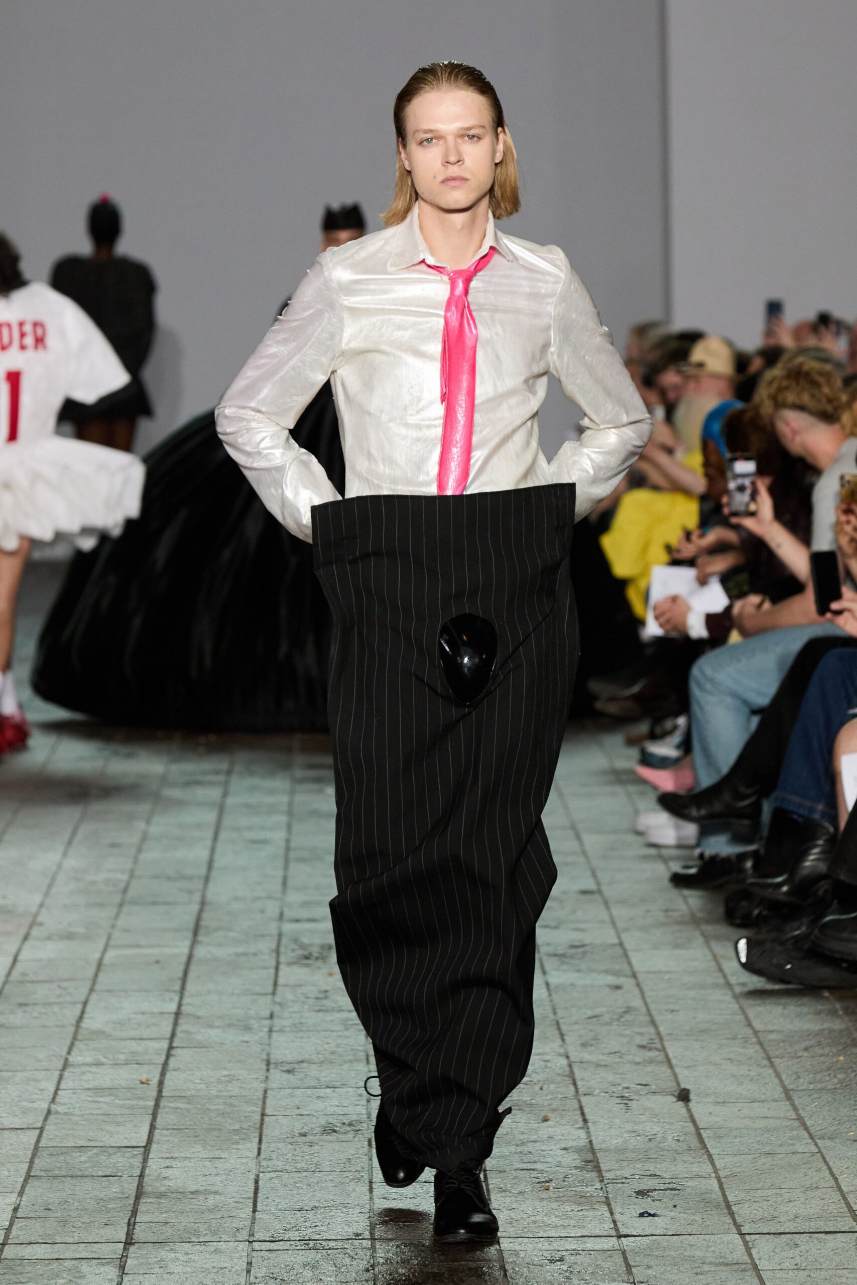 white shirt black striped pants