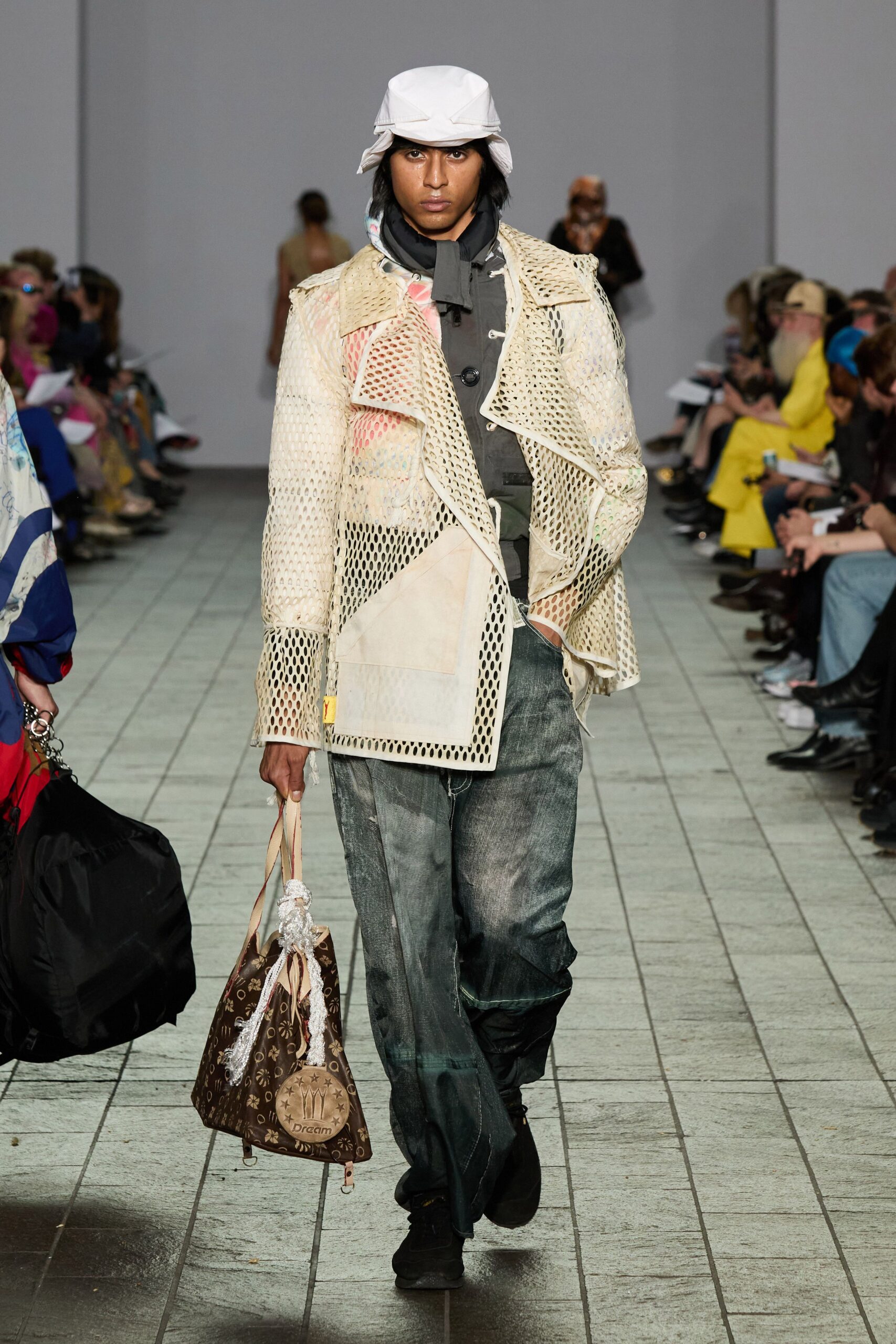 beige mesh long-sleeve collared relaxed layered jacket