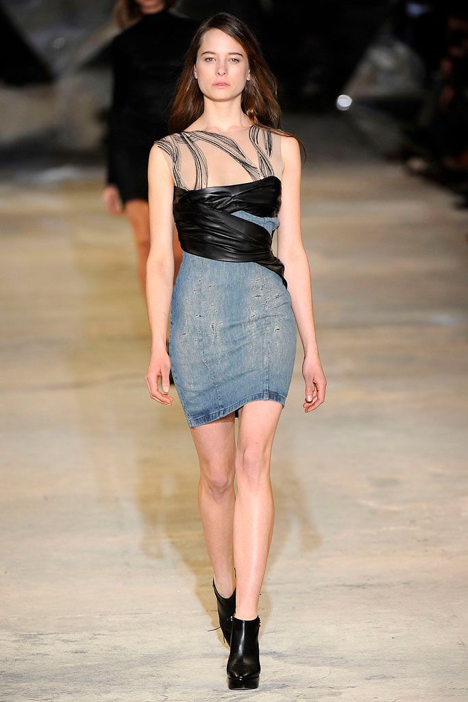 asymmetric denim and leather mini-dress