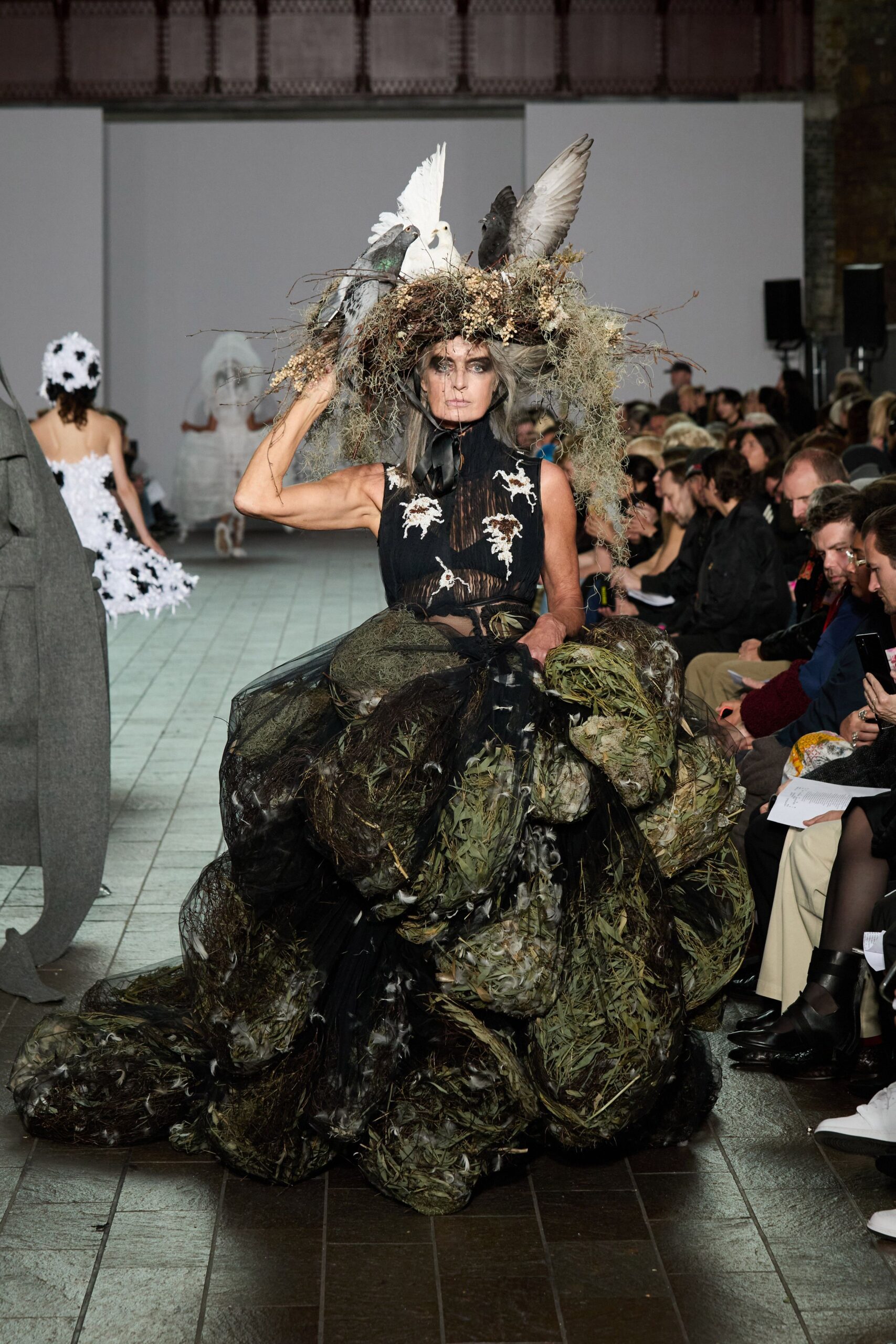 black faux-fur sleeveless high-neck fitted layered flared gown