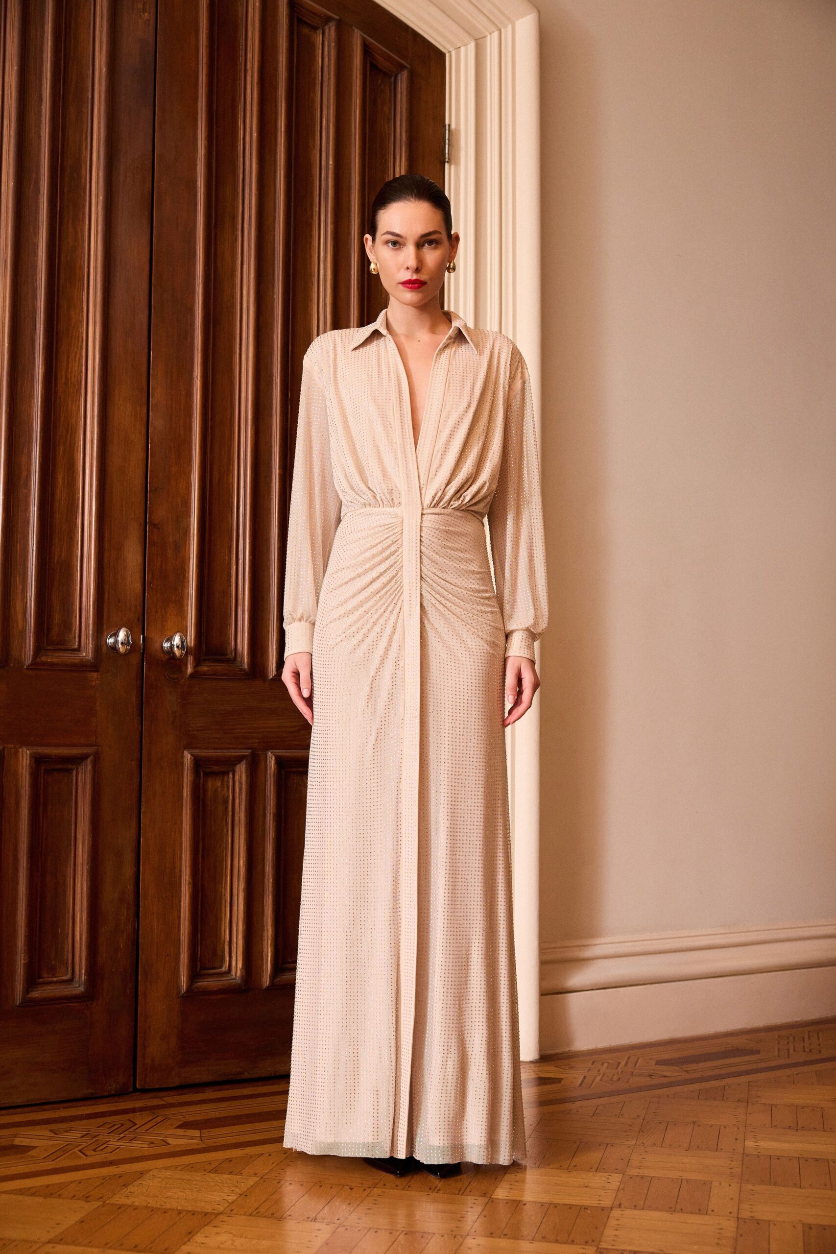 beige silk fitted gown