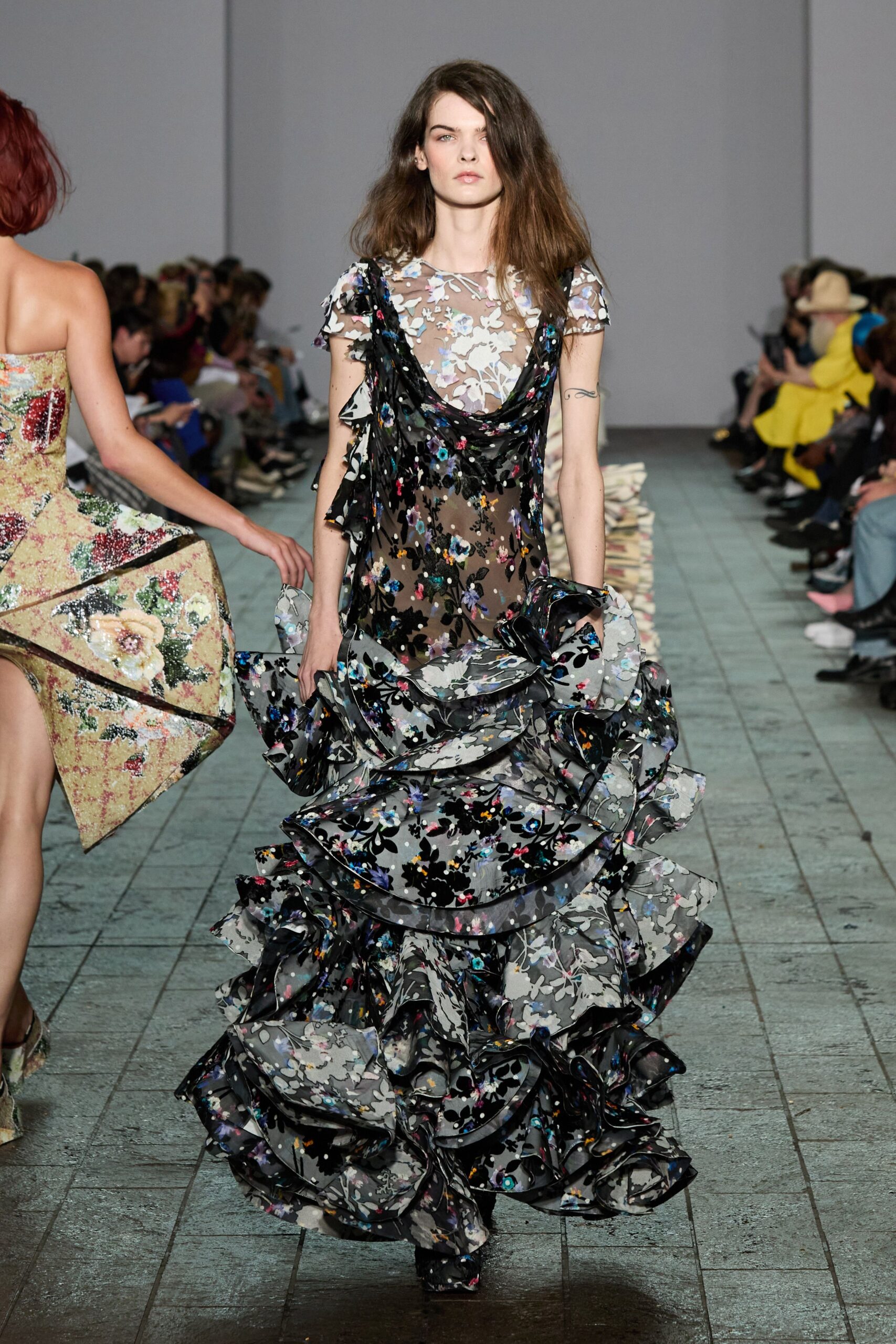 black multi floral ruffled dress