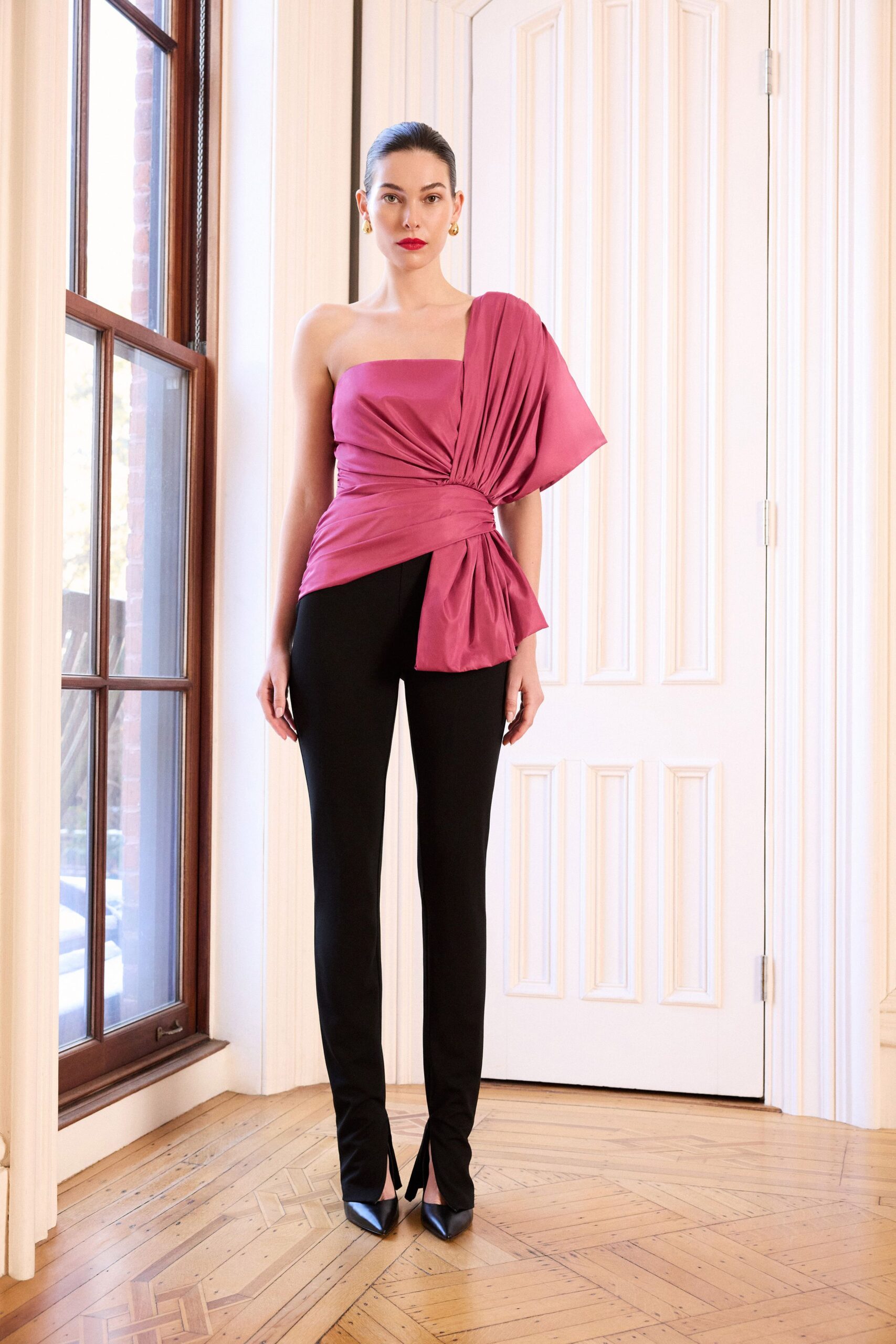 pink silk sleeveless off-shoulder fitted draped top
