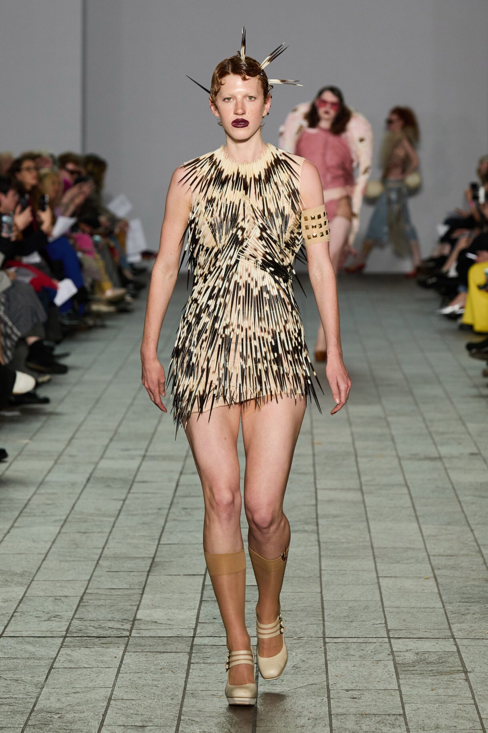 beige silk sleeveless v-neck fitted fringed layered dress