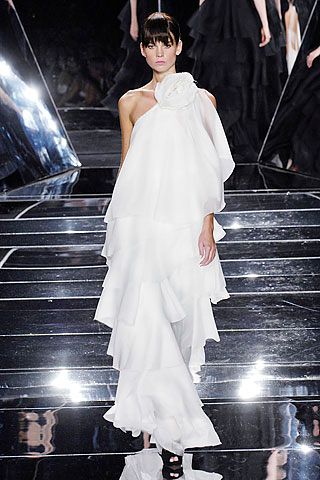 white chiffon off-shoulder ruffled layered flowing maxi gown