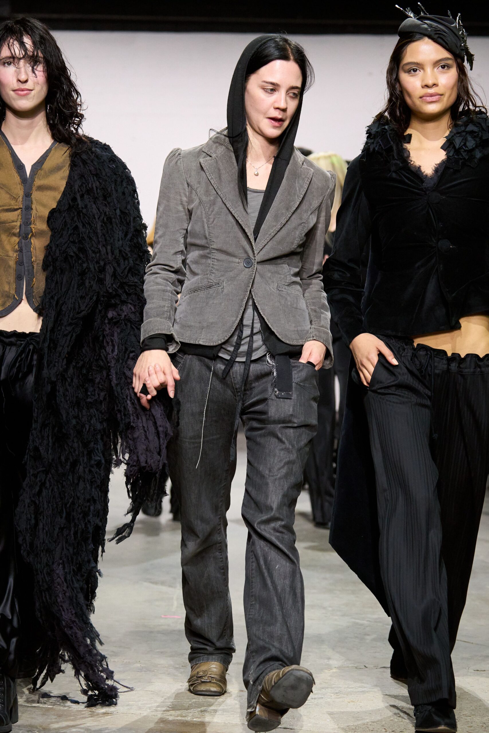 gray jacket black pants black dress faux-fur coat