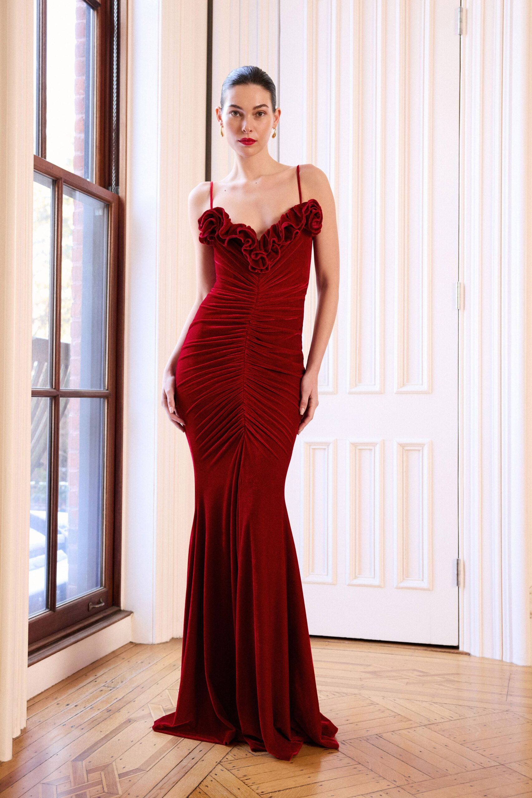 red velvet off-shoulder gown