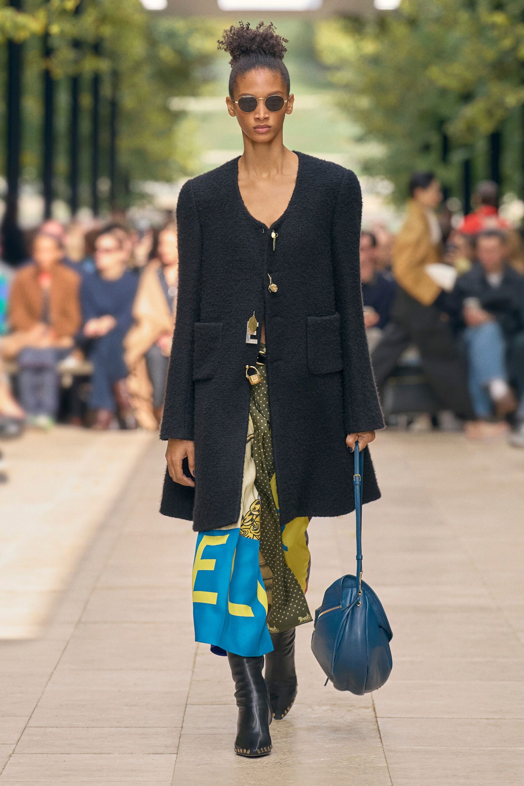 black wool coat with printed skirt