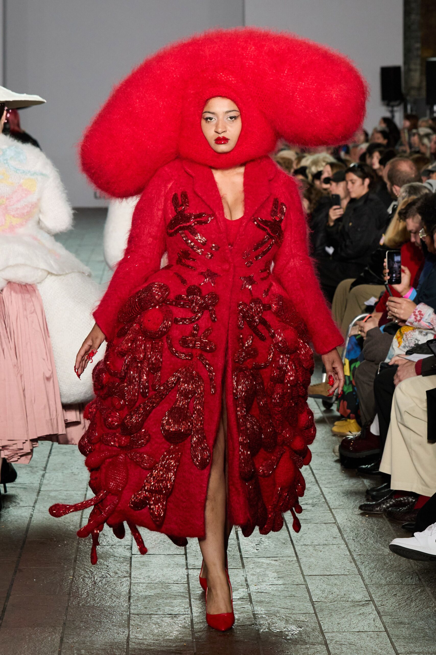 red sequin long-sleeve v-neck fitted embroidered layered coat