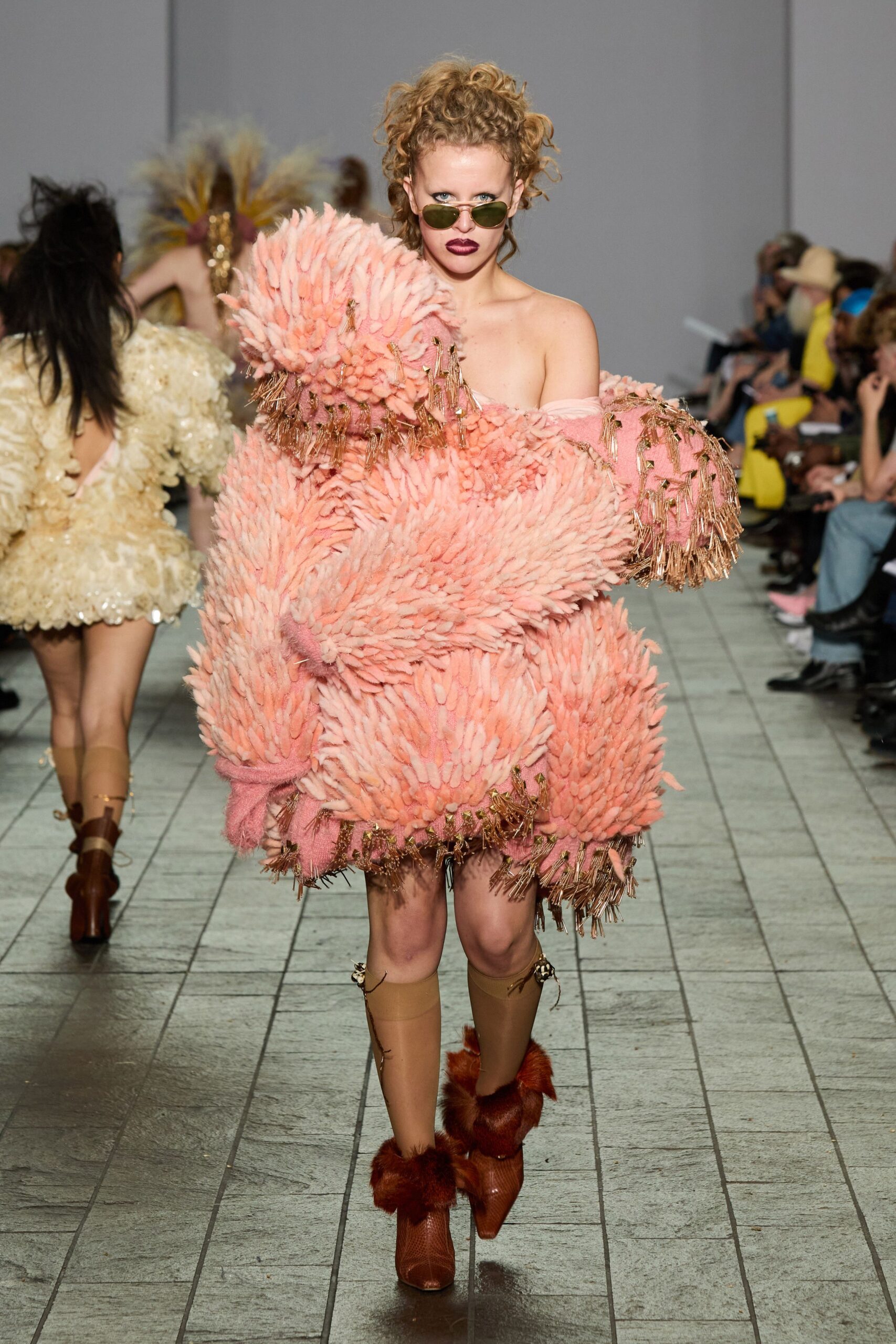 pink cotton sleeveless off-shoulder fitted ruffled fringed dress