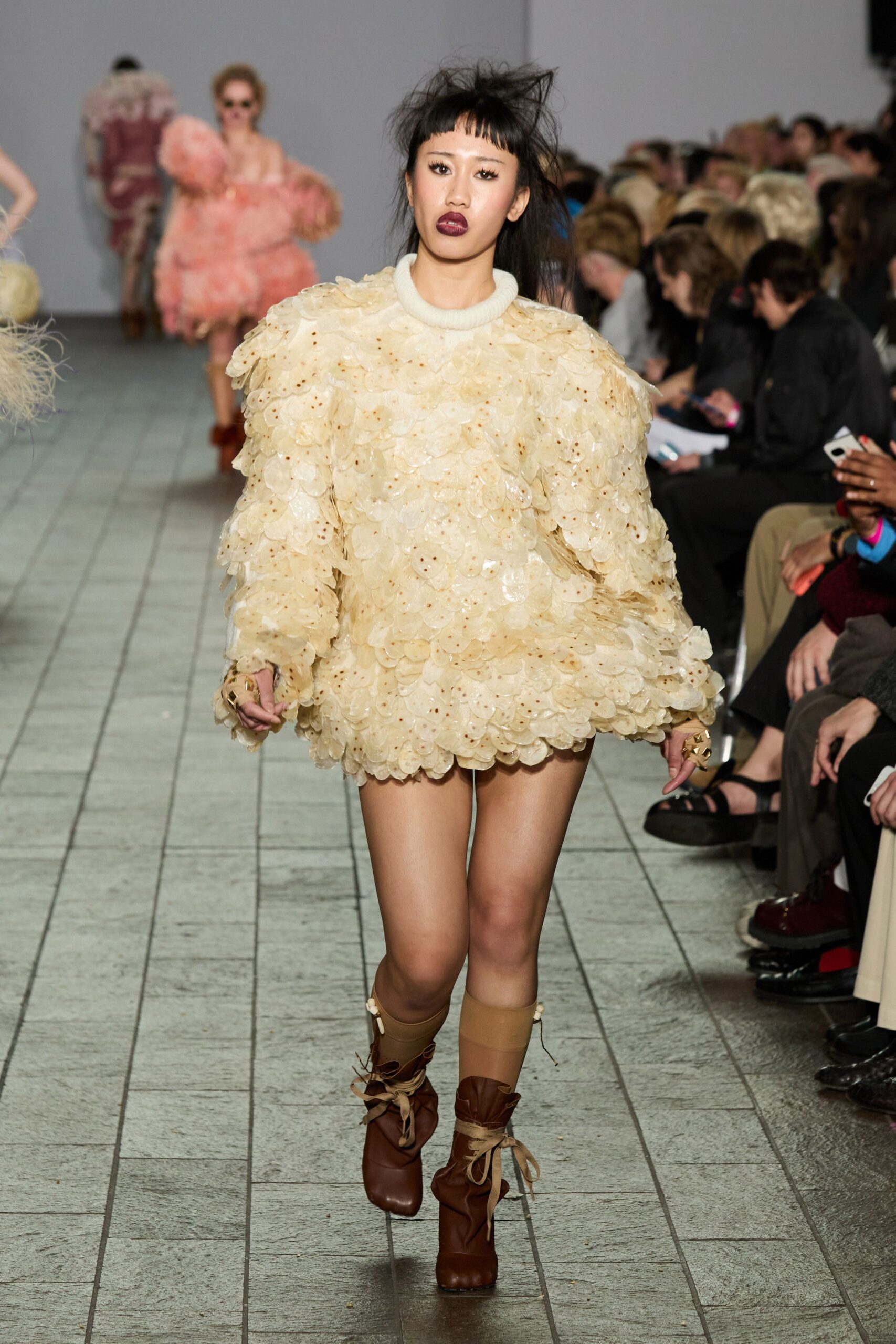 beige silk long-sleeve oversized ruffled short top