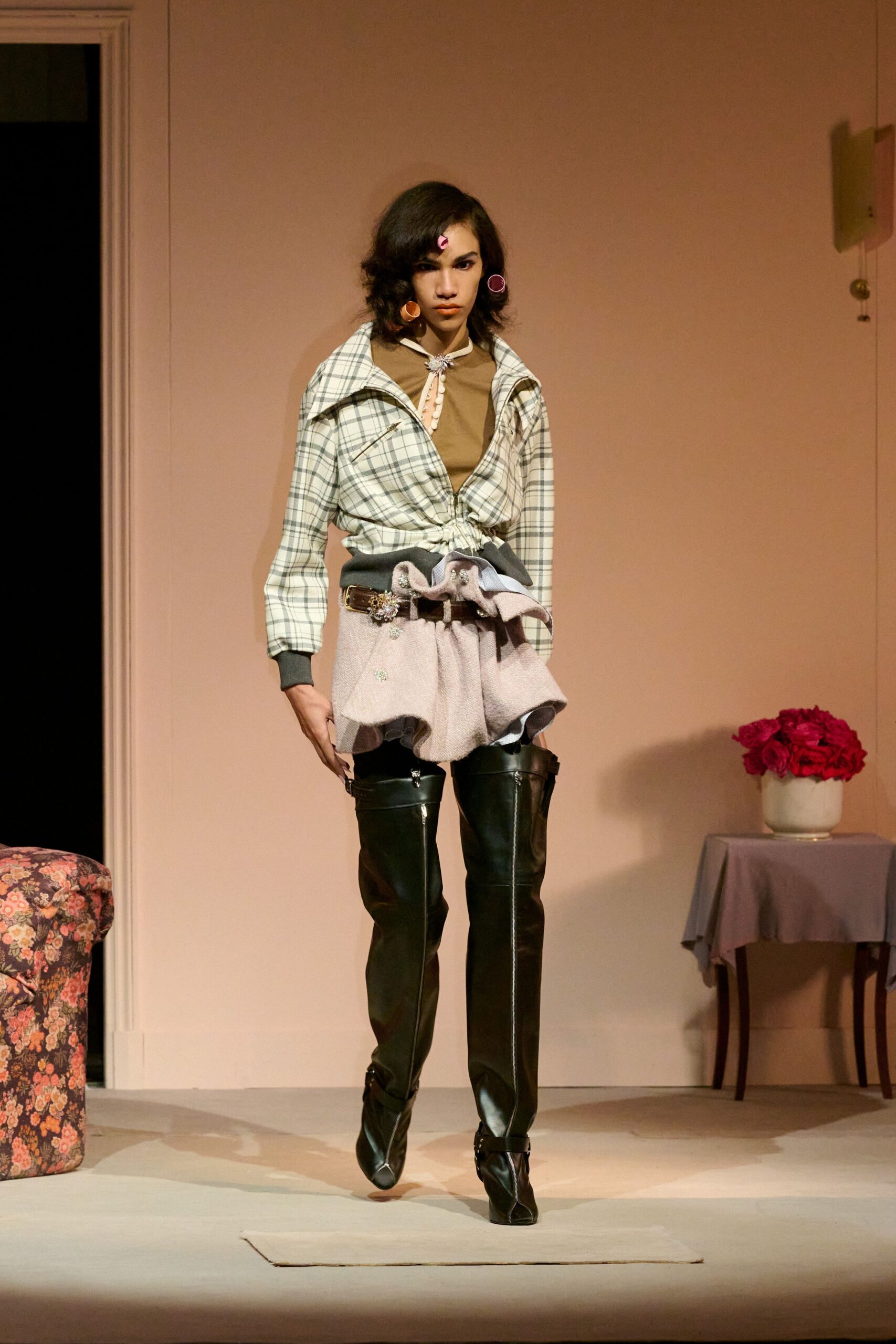 checked shirt and ruffled skirt
