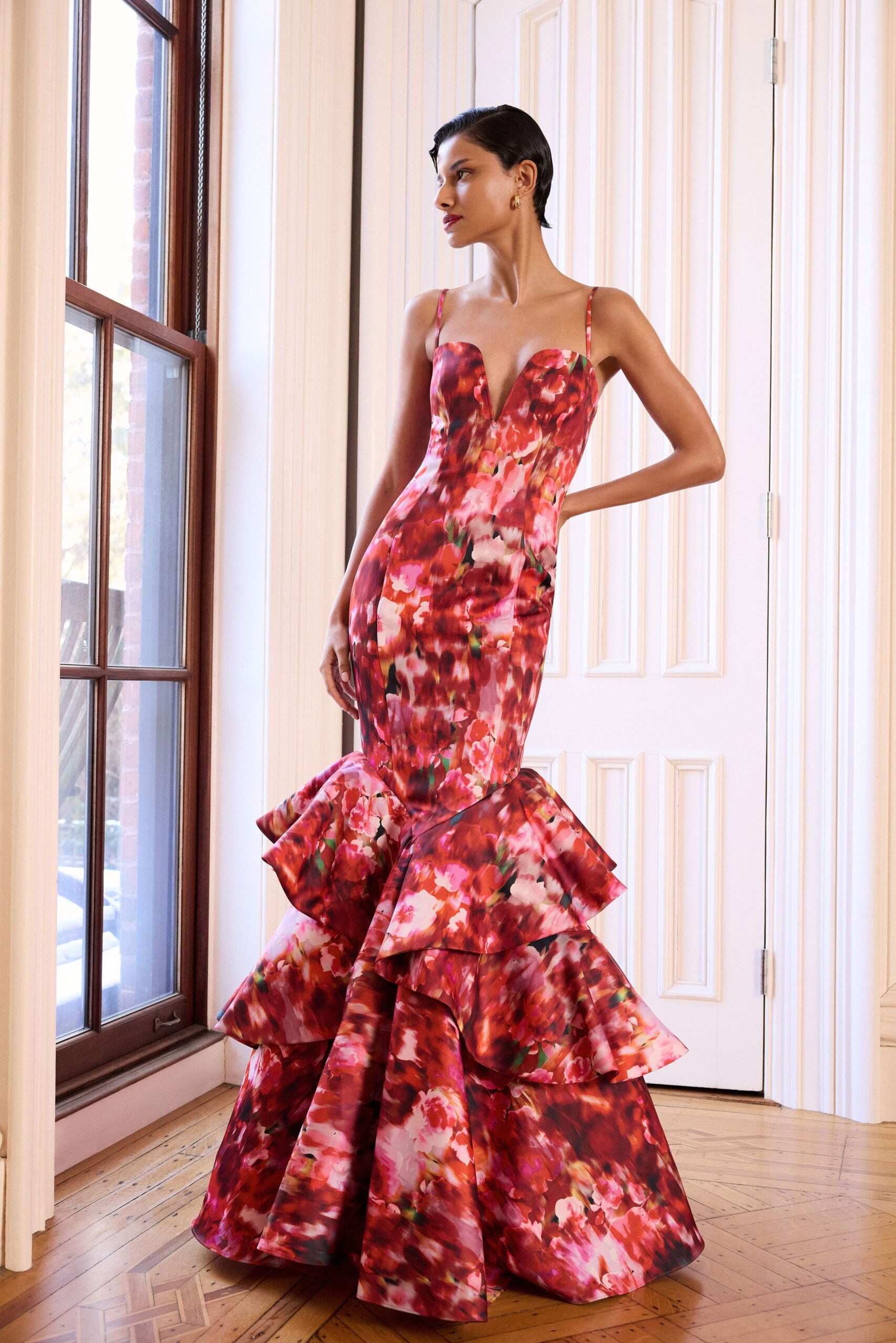 red floral fitted gown