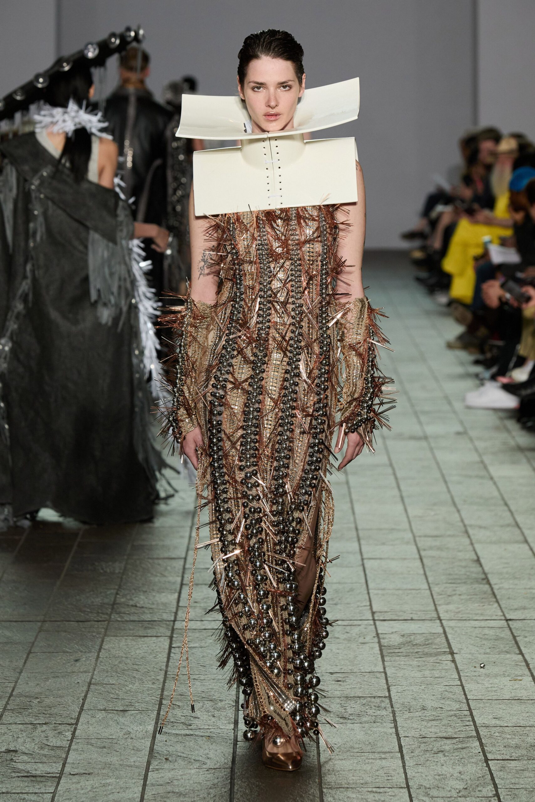 brown silk sleeveless high-neck fitted embellished tiered gown