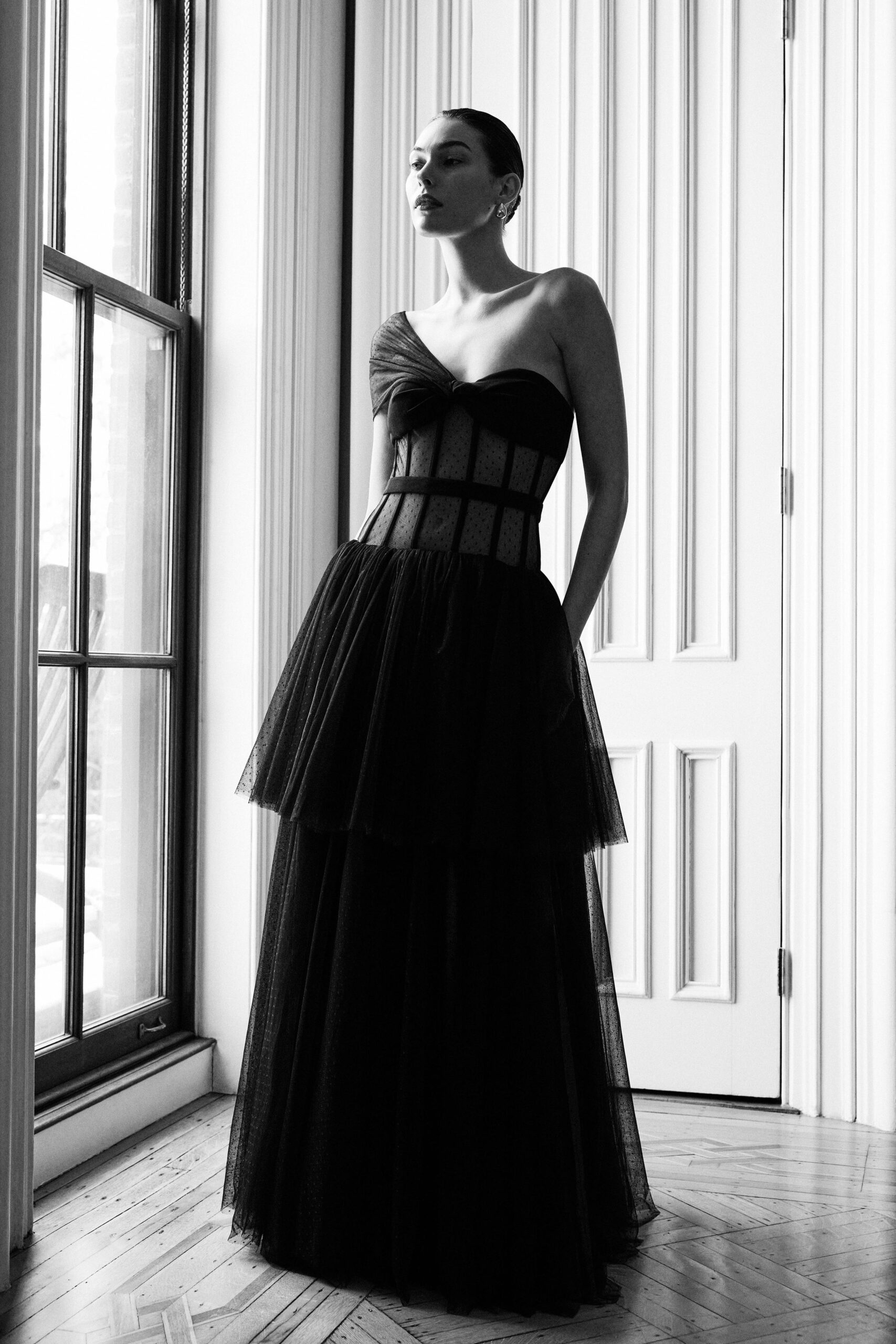 black tulle strapless gown
