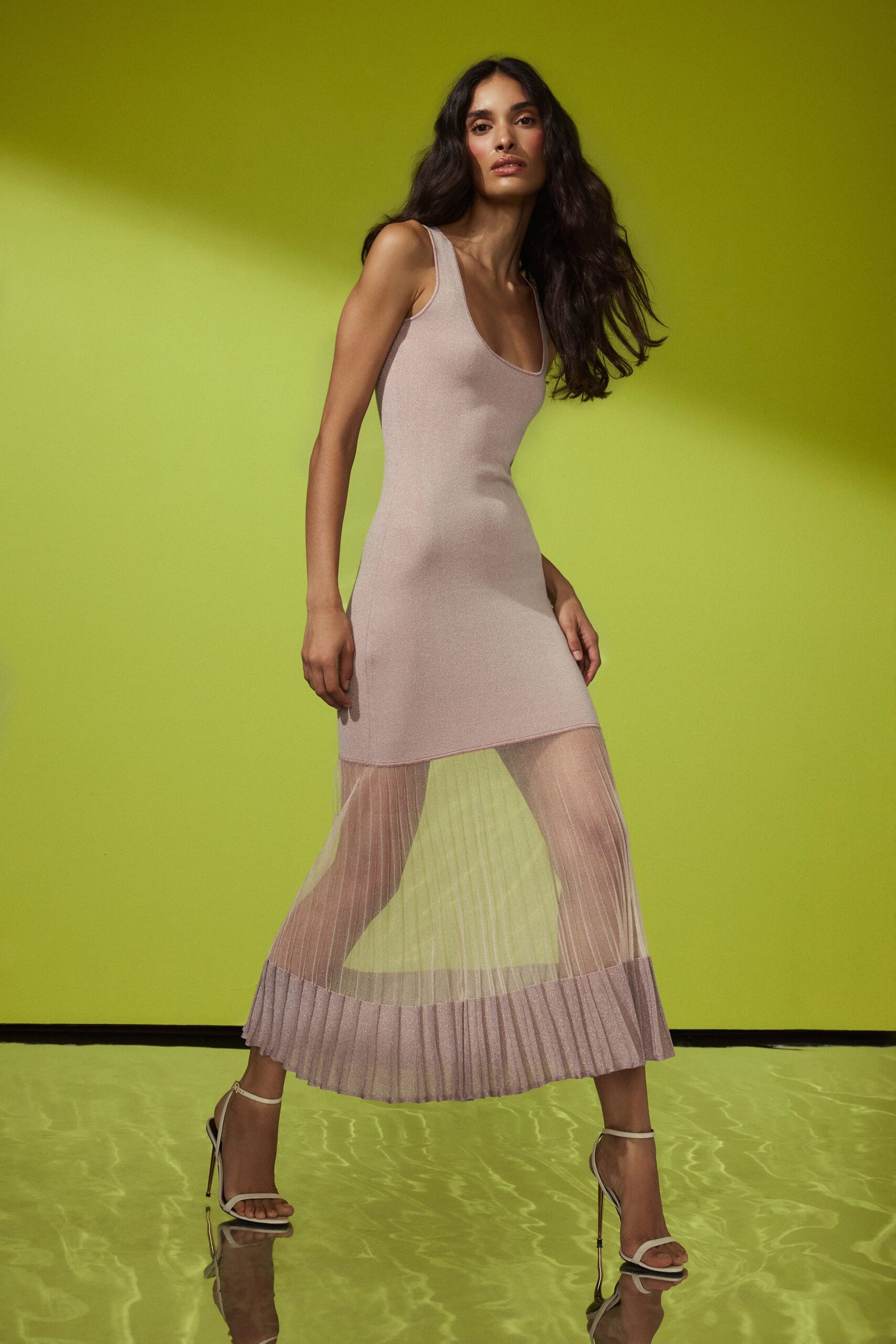 pink silk sleeveless v-neck fitted pleated sheer dress