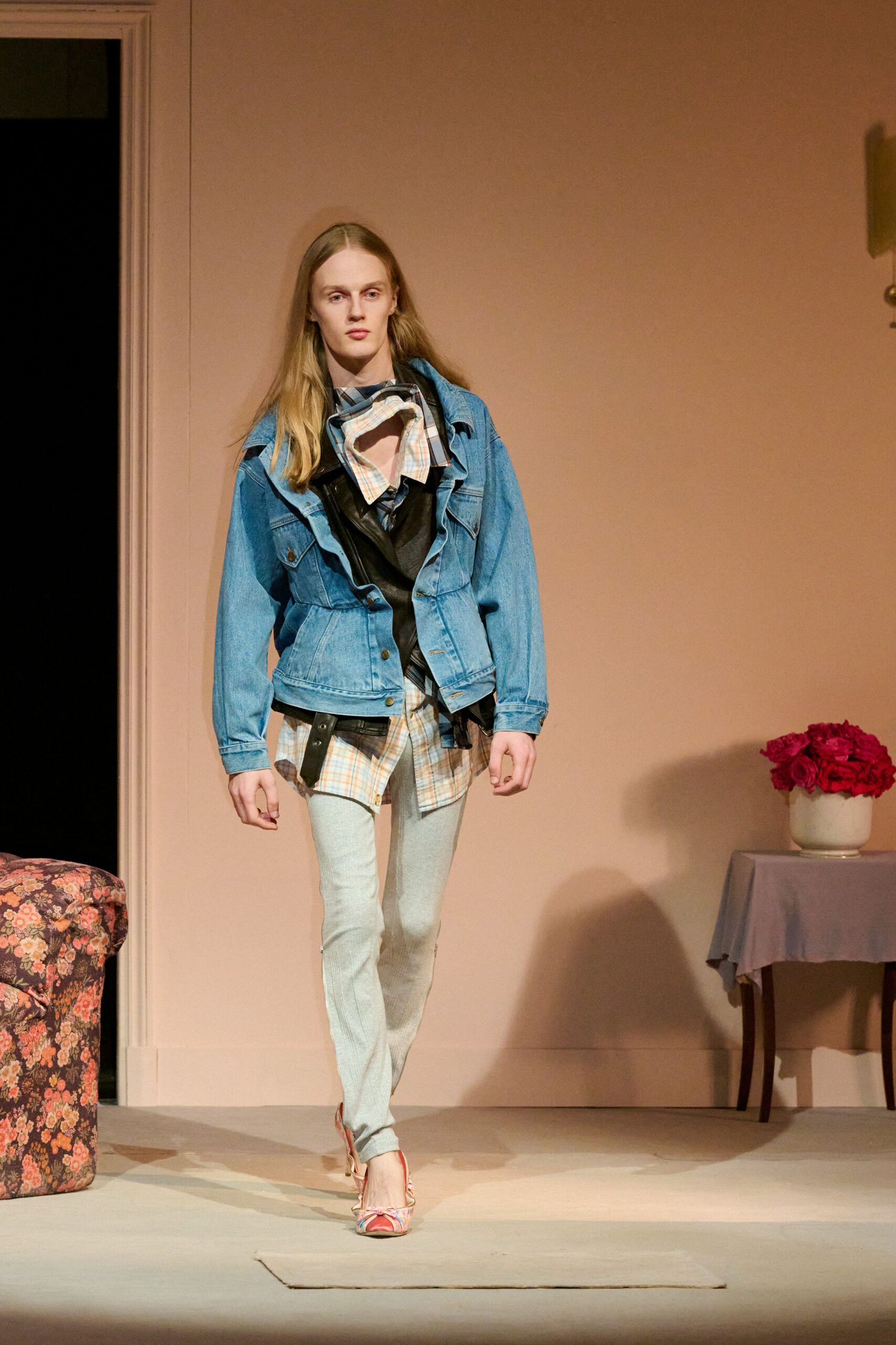 blue denim jacket with checked shirt