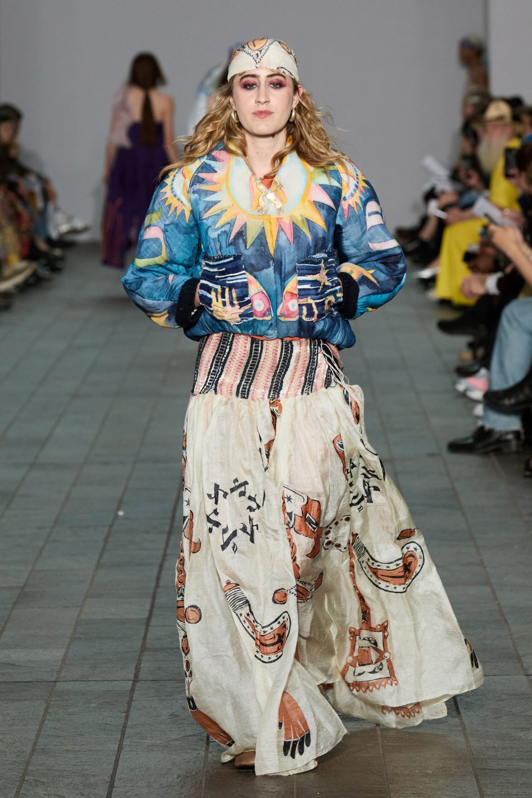 embroidered blue jacket with printed skirt