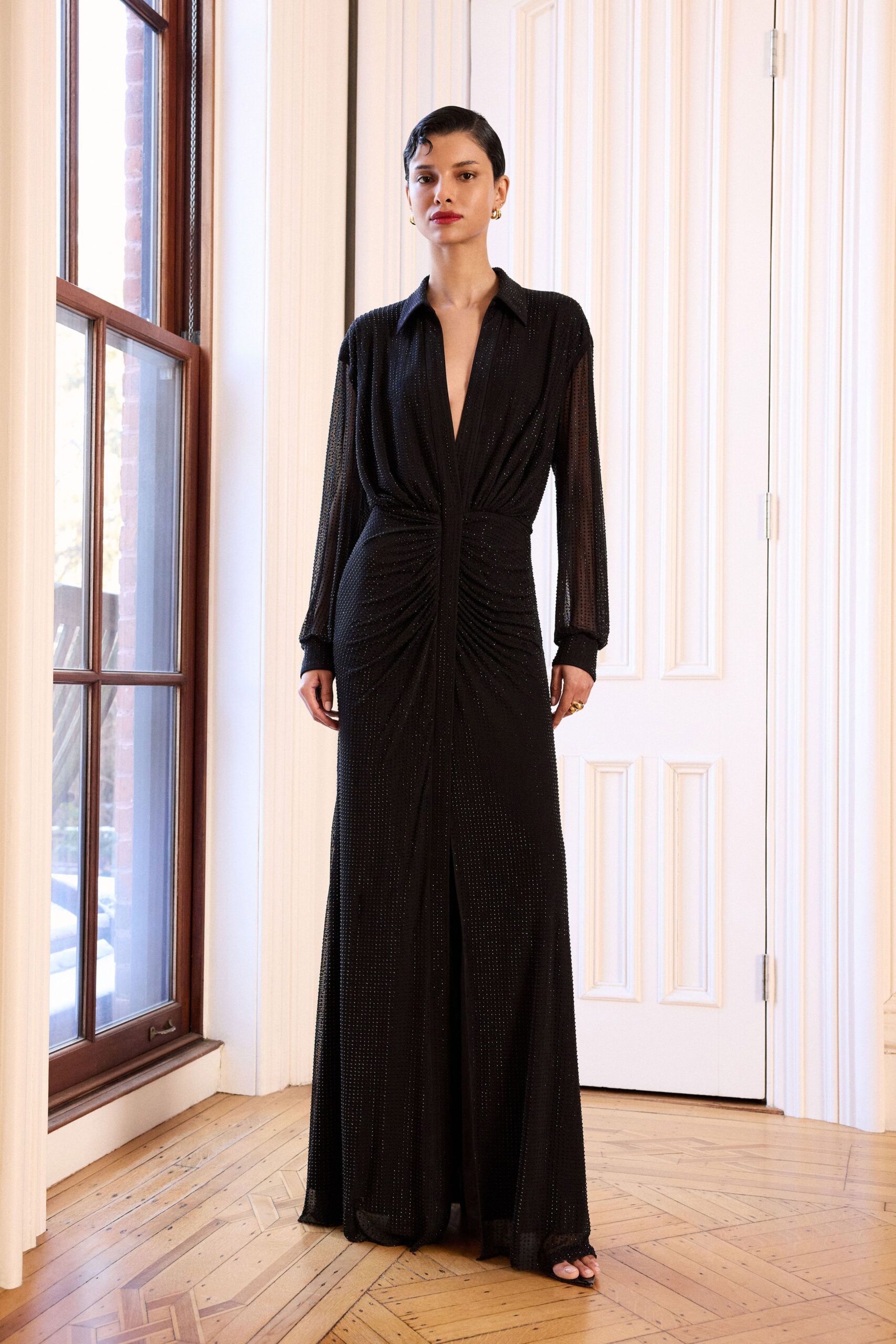 black silk fitted gown