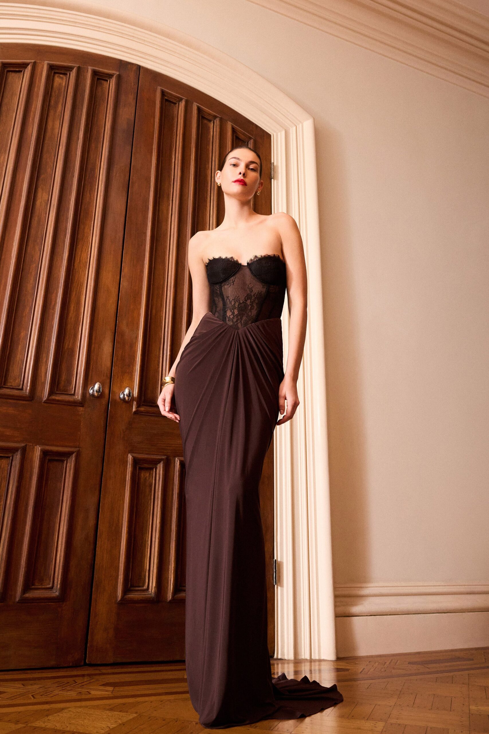 brown silk strapless gown