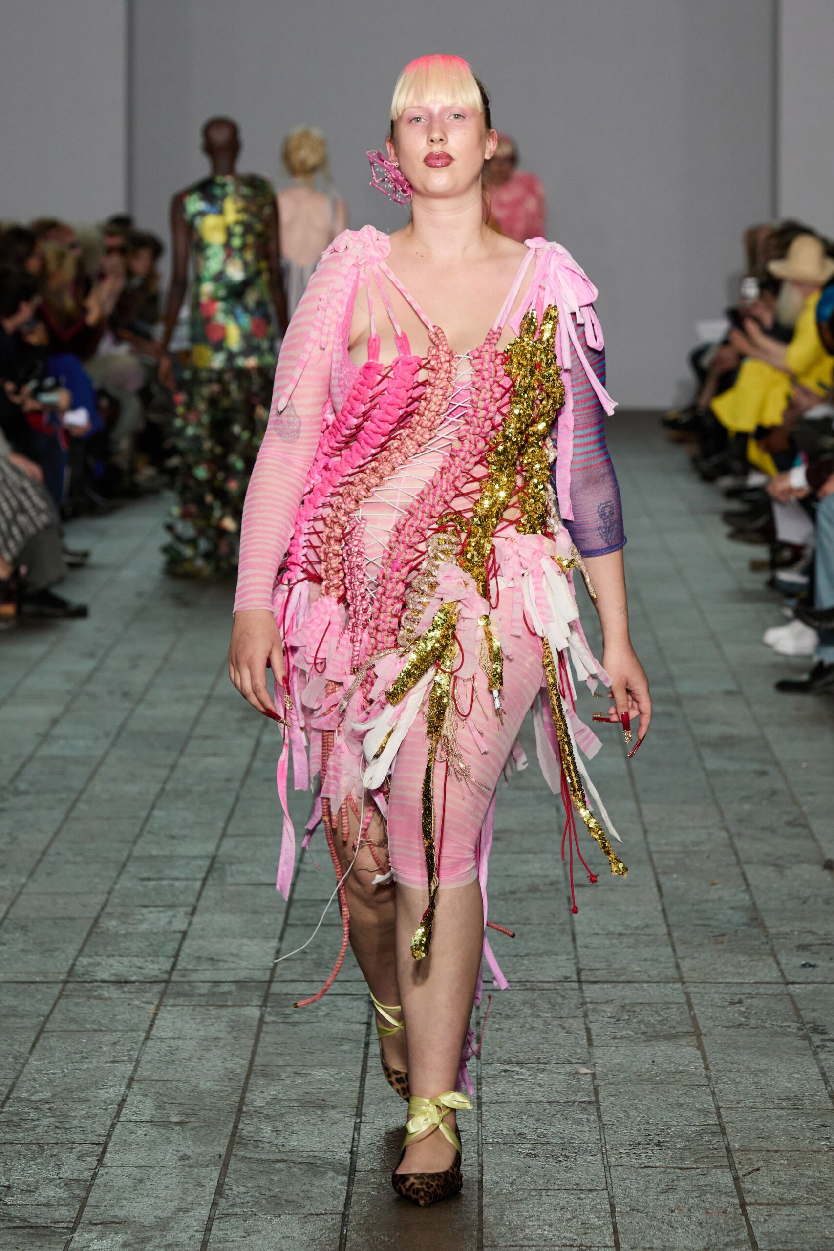 pink silk sleeveless v-neck fitted fringed layered dress