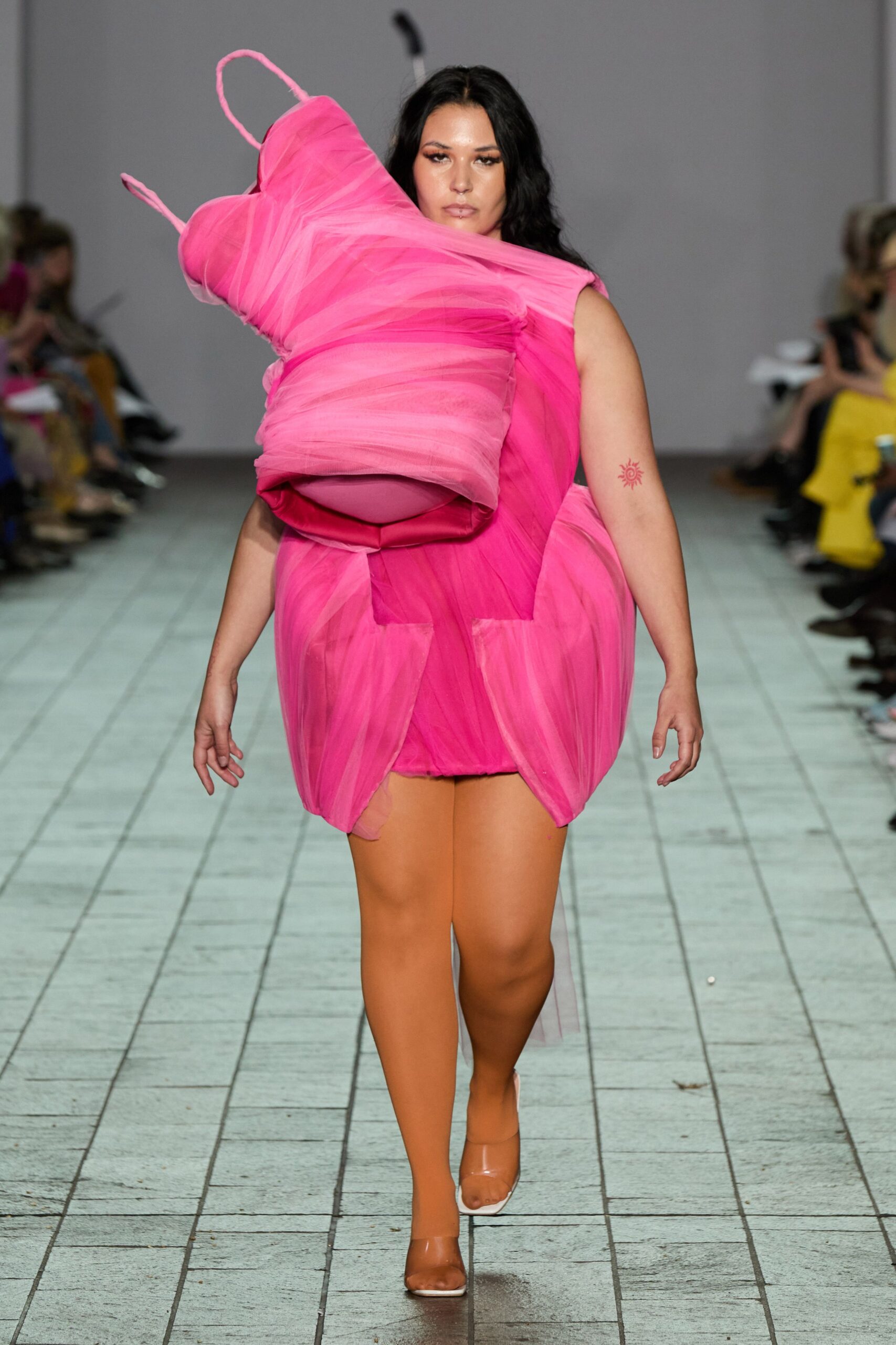 pink chiffon sleeveless high-neck relaxed layered flowing dress
