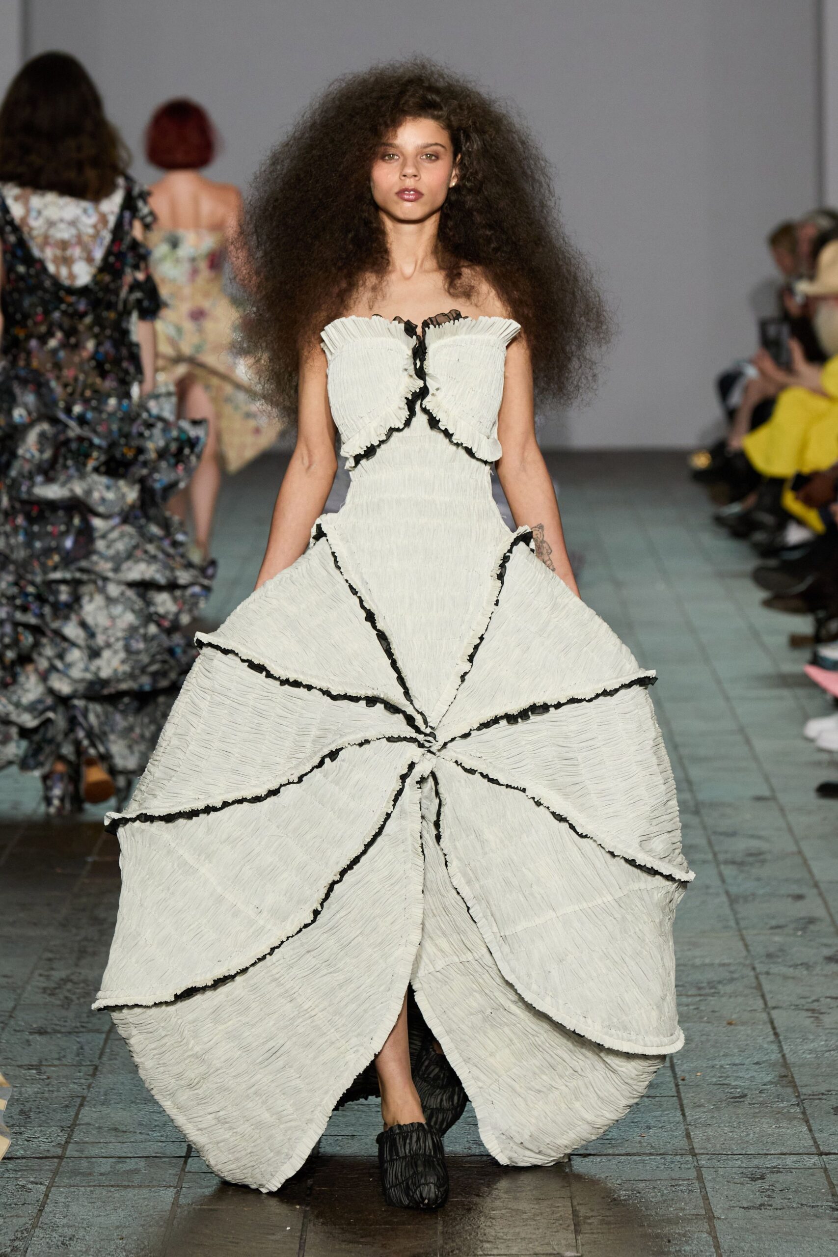 white cotton strapless fitted pleated ruffled flowing gown