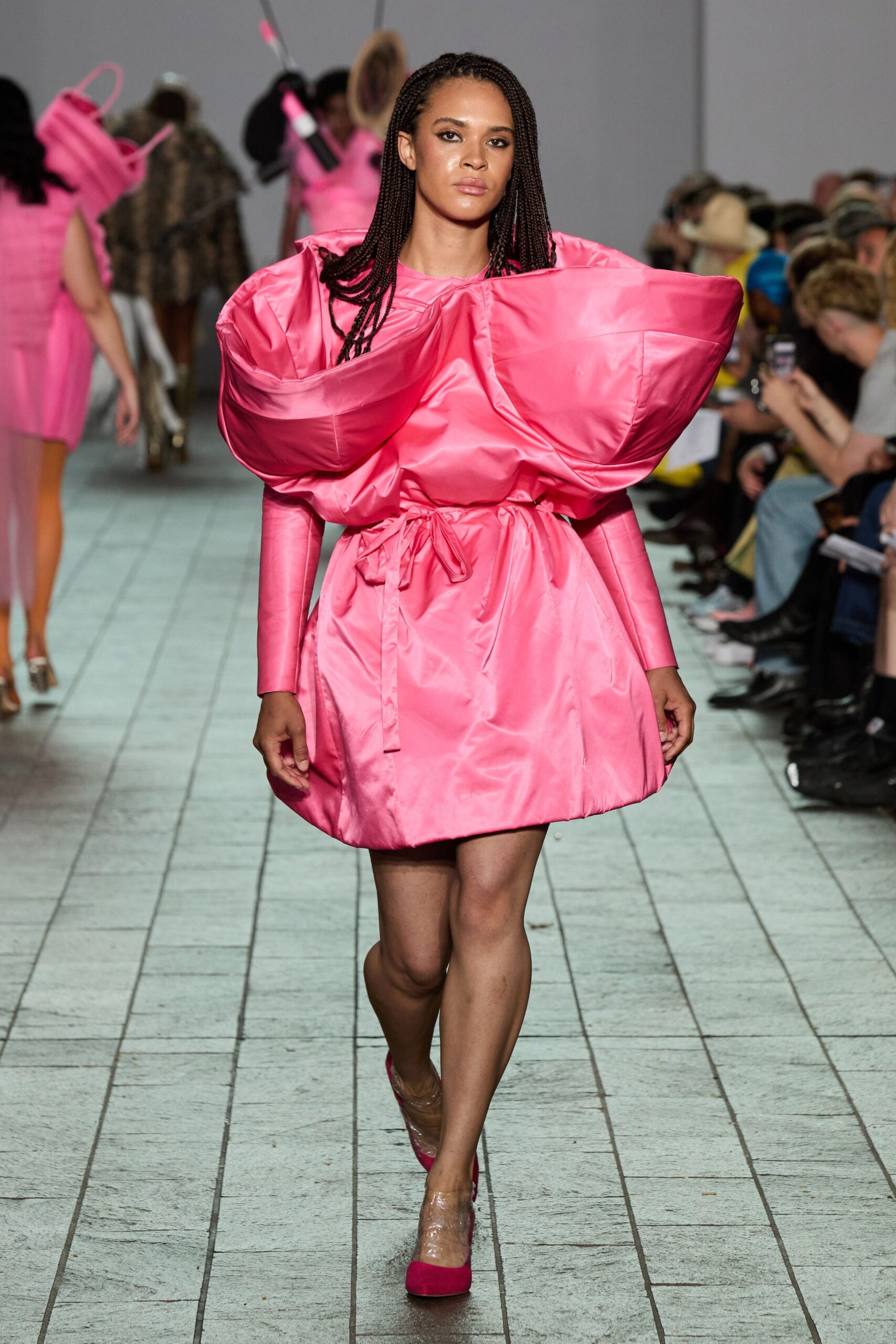 pink satin long-sleeve collared fitted pleated draped dress