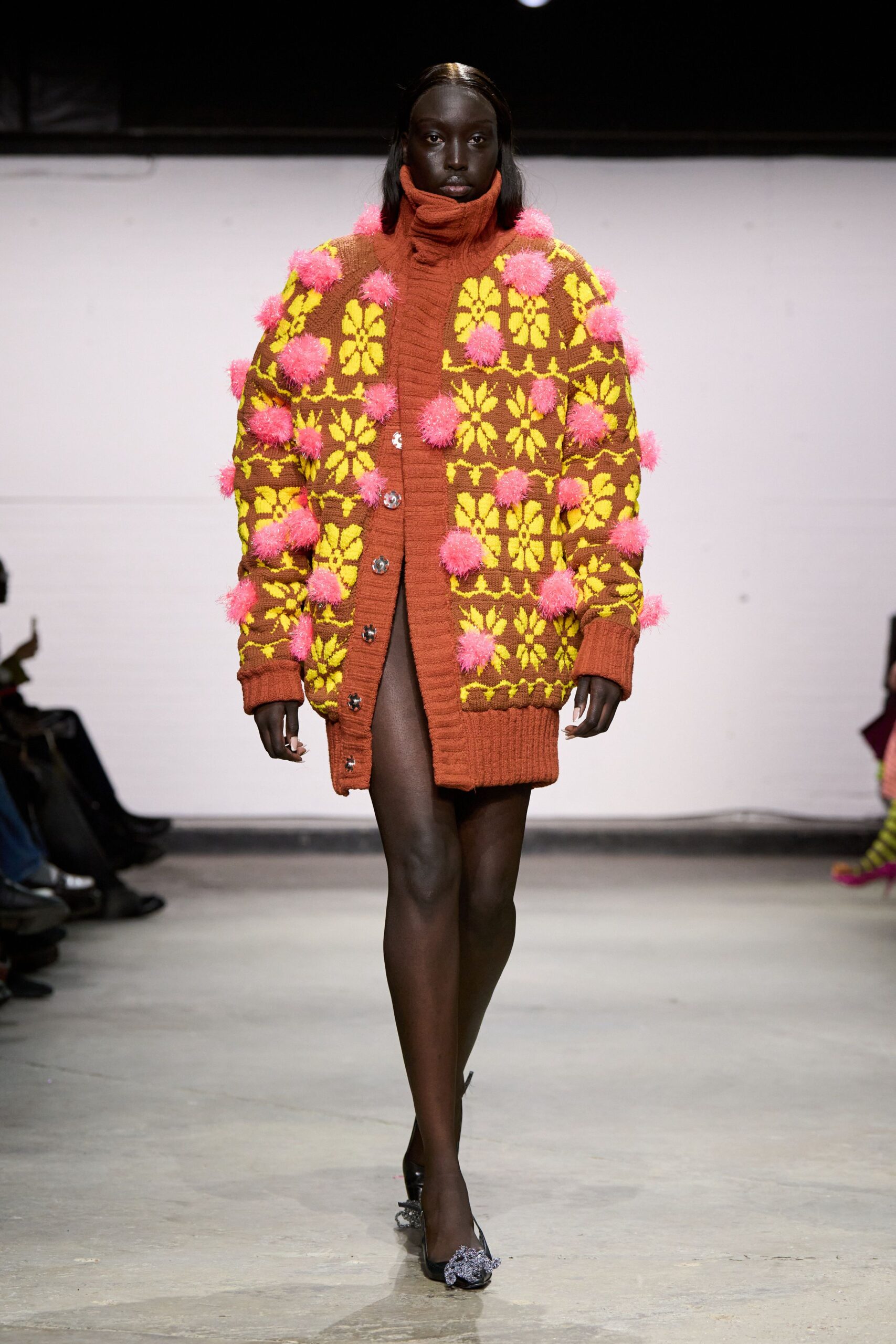 orange wool long-sleeve turtleneck oversized embroidered layered coat