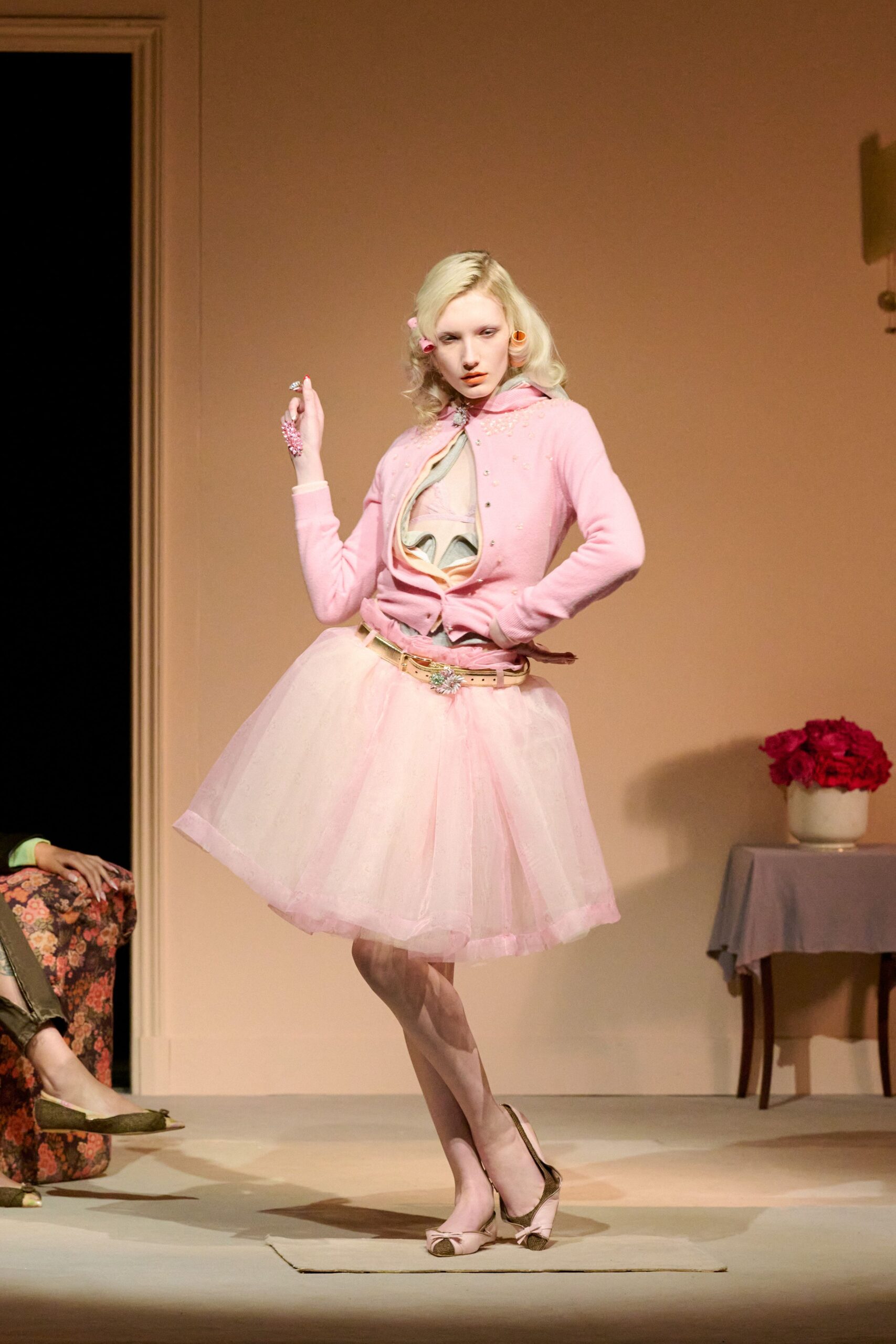 pink cardigan with tulle skirt