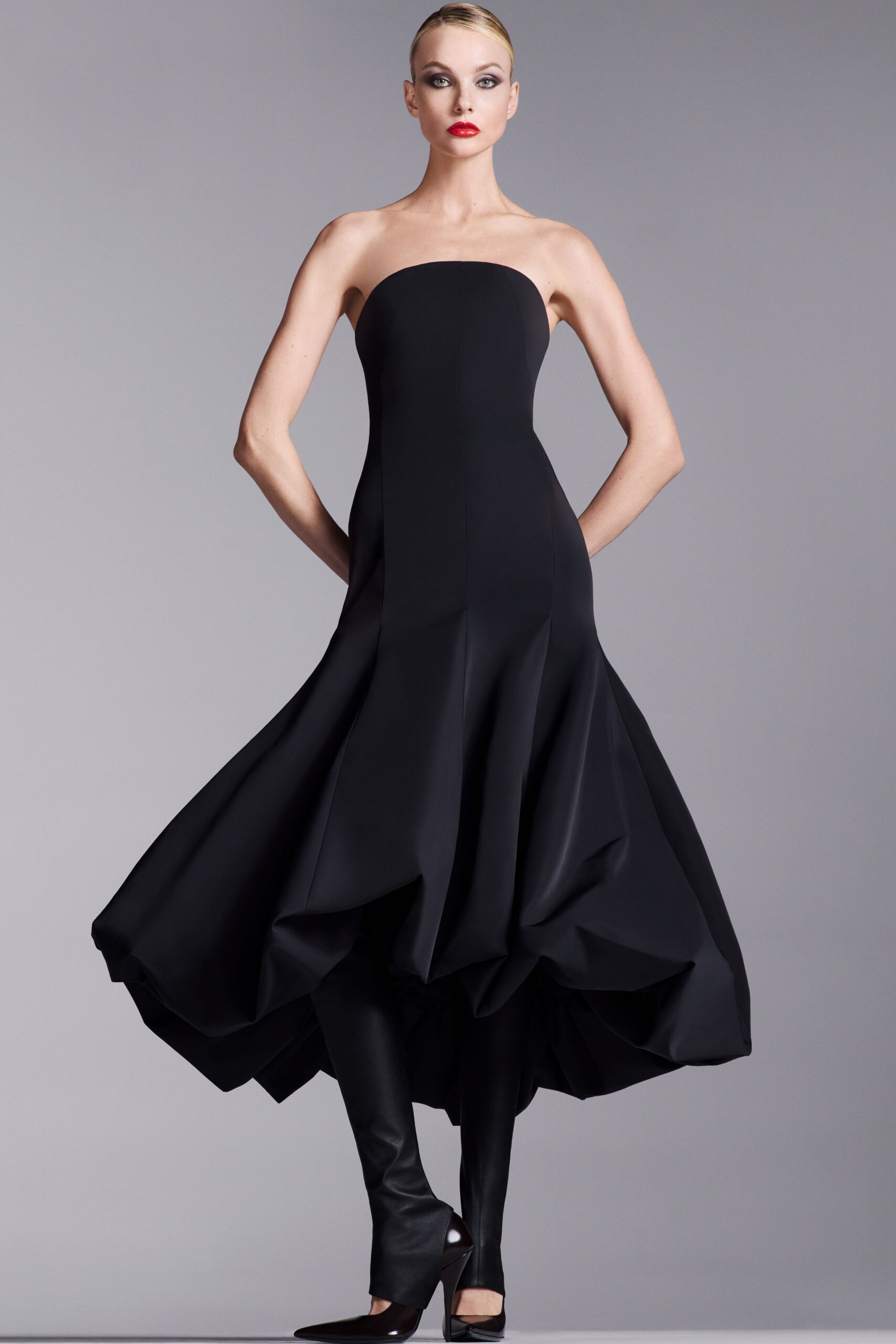 black silk strapless fitted flared flowing maxi gown