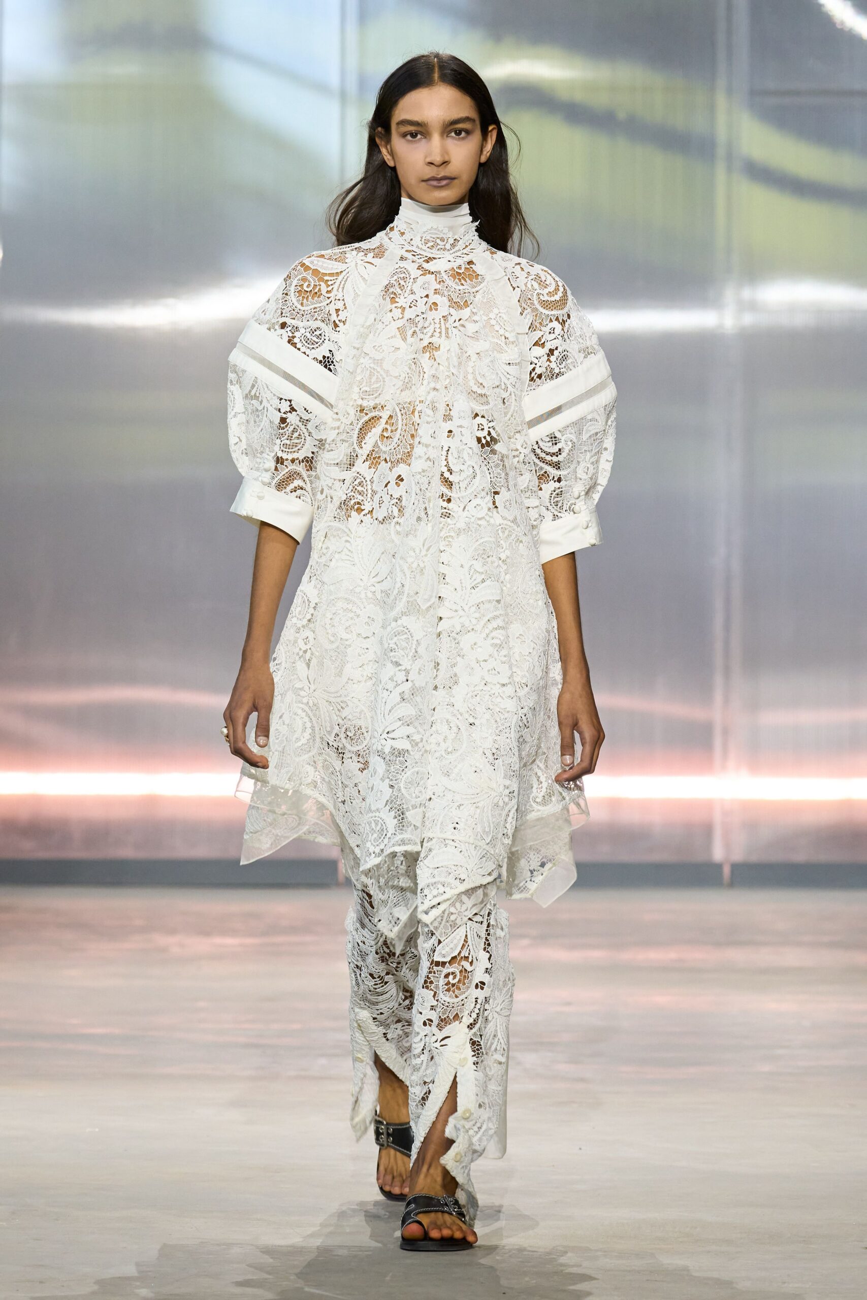 white lace long-sleeve high-neck relaxed layered dress