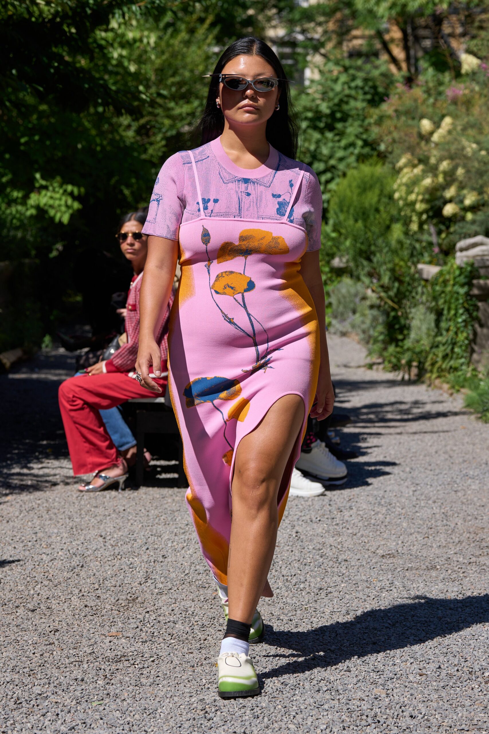 pink cotton short-sleeve high-neck fitted printed midi dress