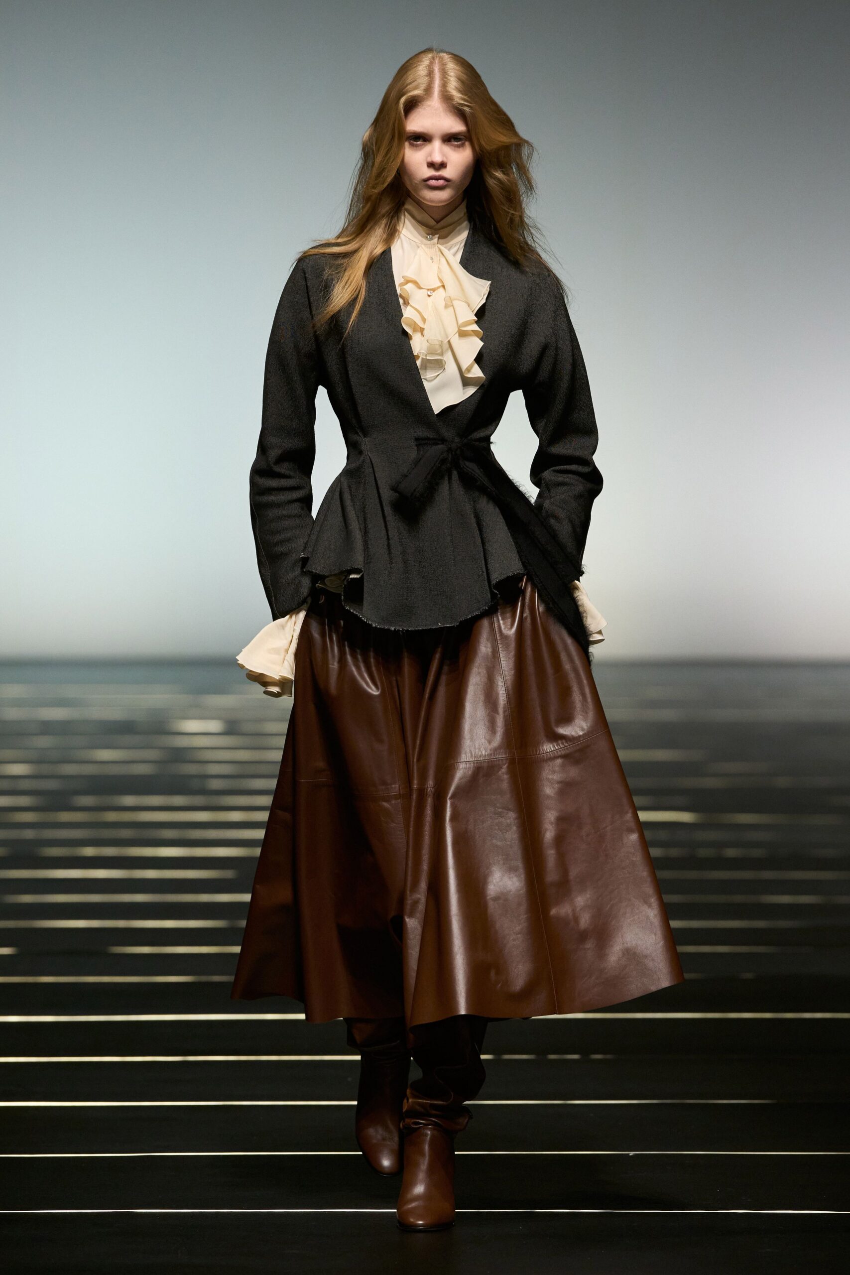 black wool long-sleeve collared fitted ruffled jacket