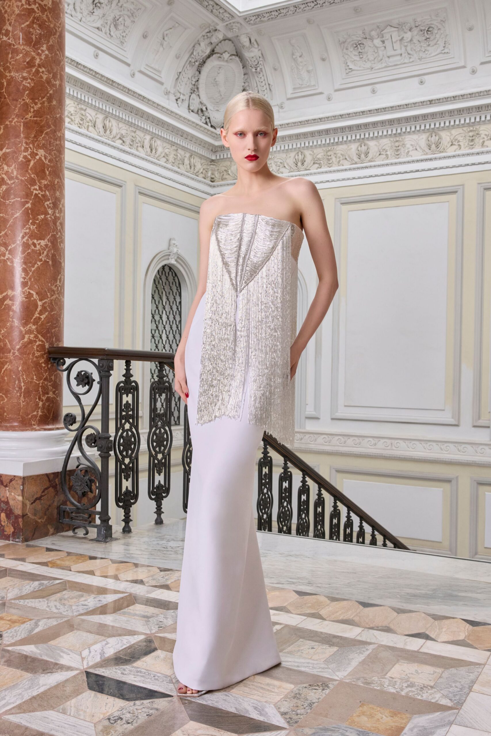 white strapless embellished gown