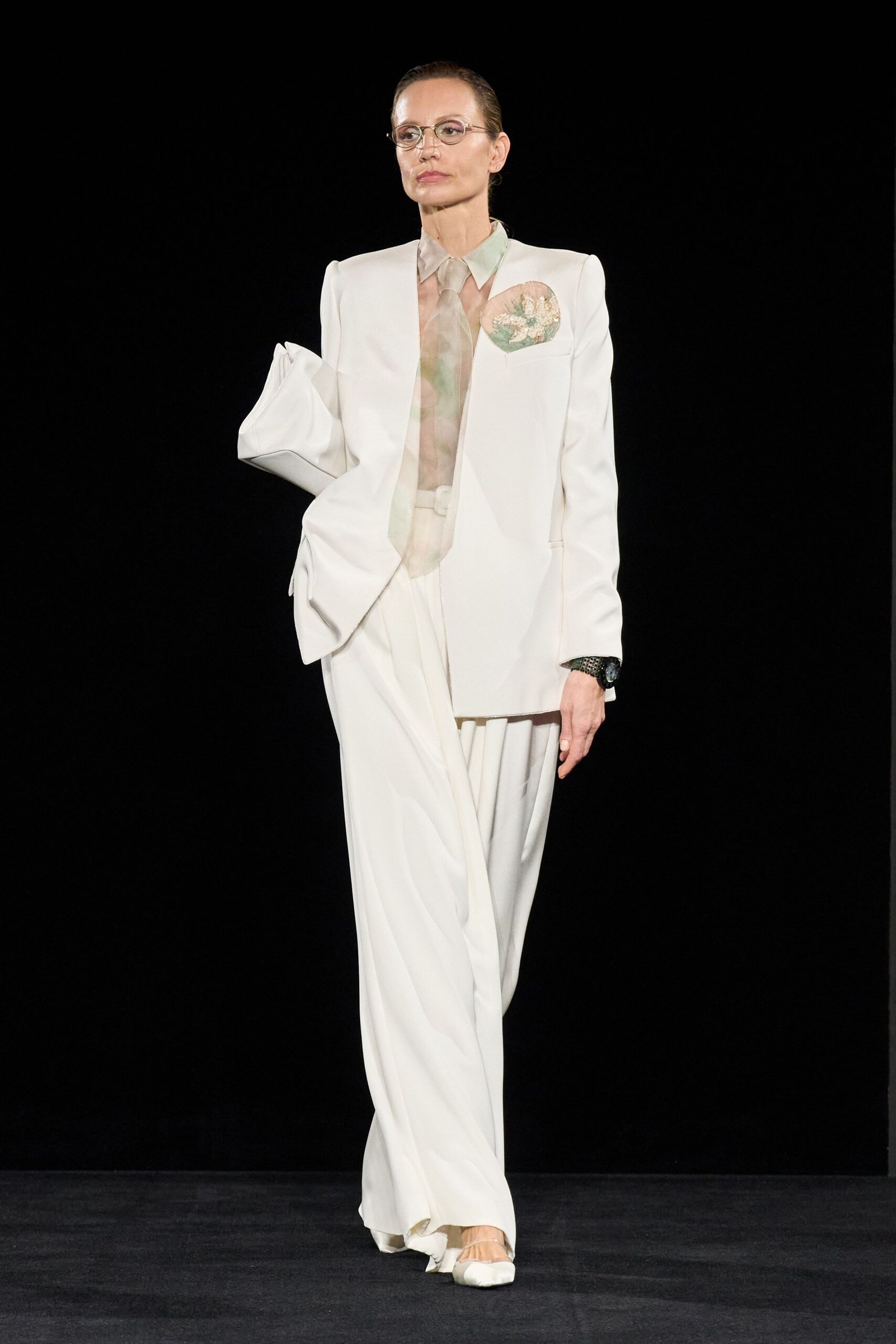 white tailored blazer with beige shirt