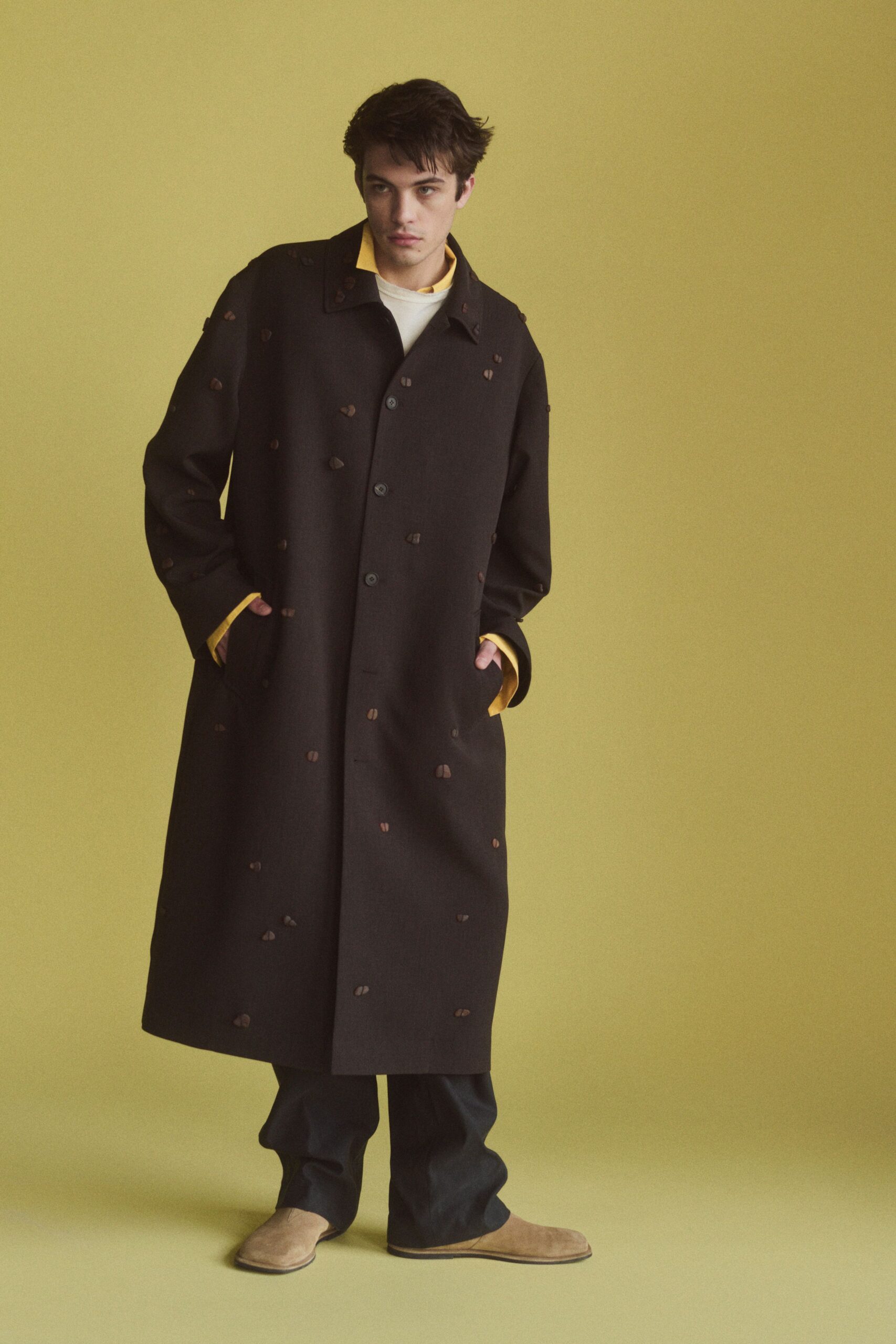 black wool long-sleeve collared relaxed buttoned embroidered coat