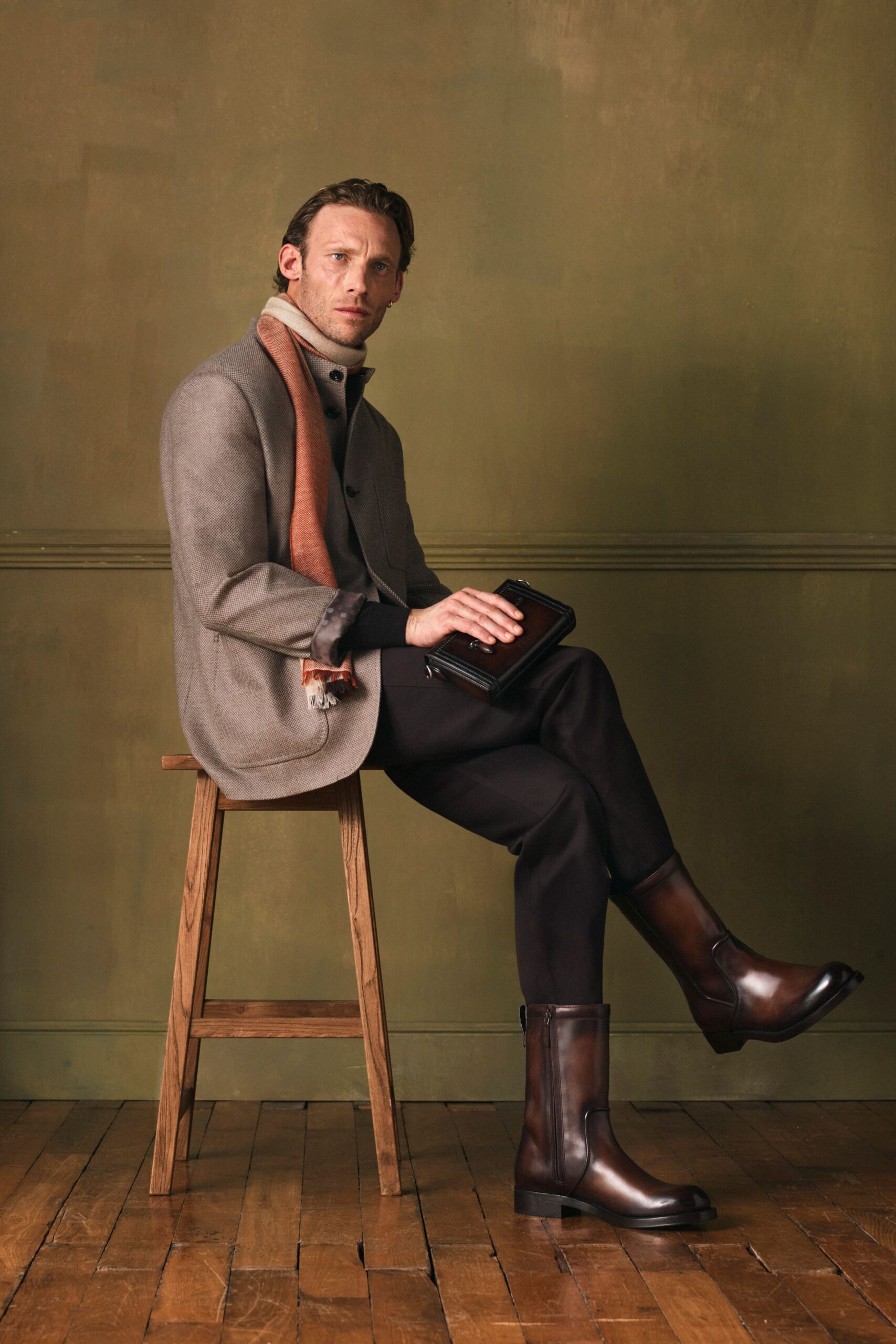 gray wool coat with scarf