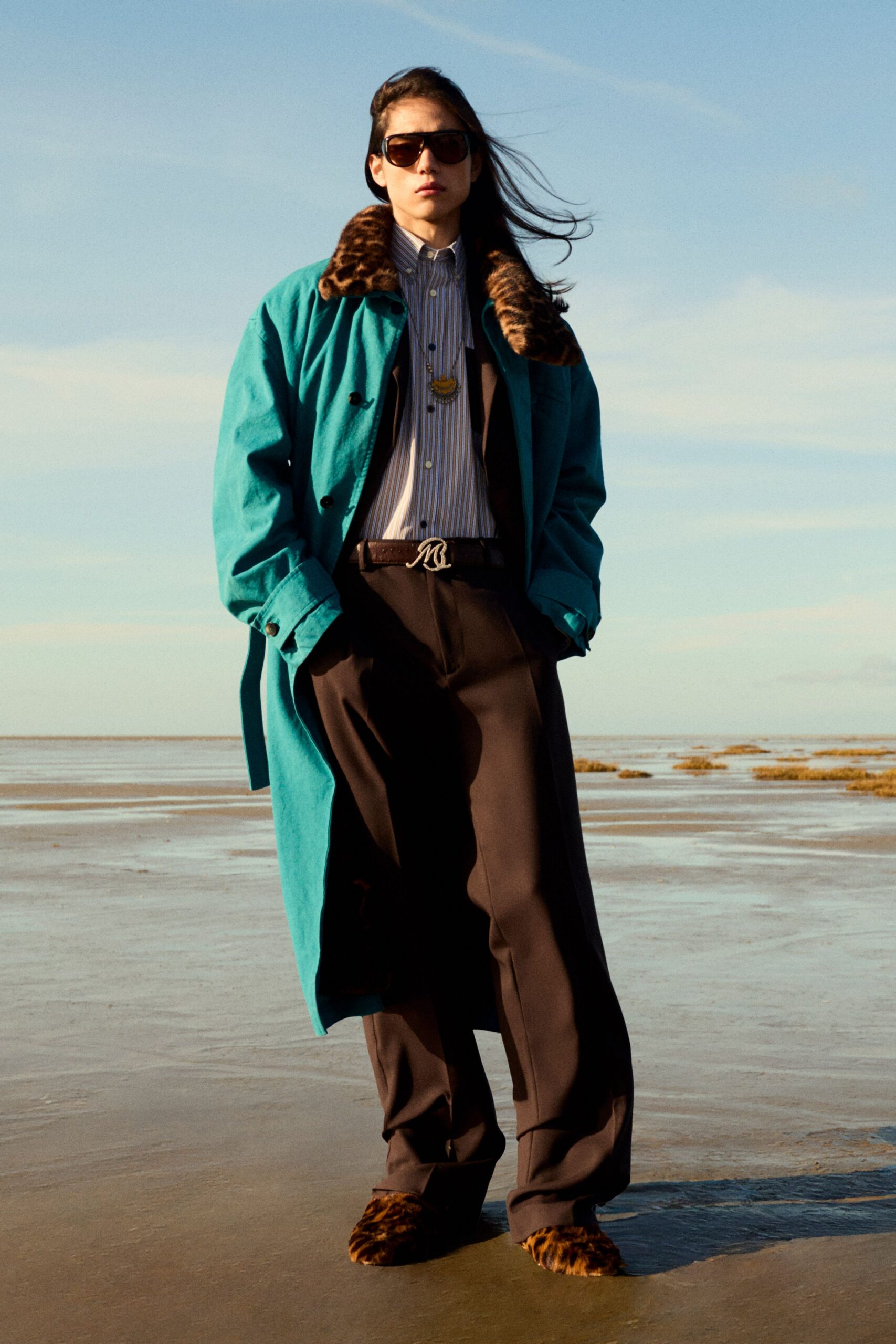 teal cotton long-sleeve collared relaxed layered coat