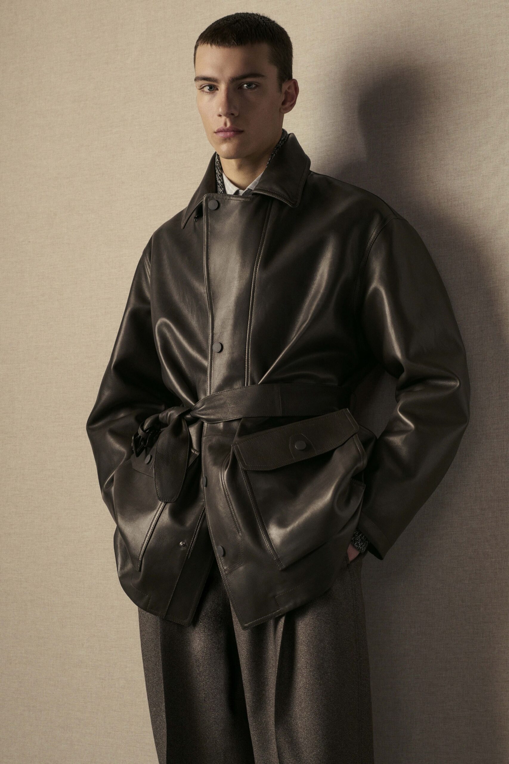 brown leather long-sleeve collared relaxed belted jacket