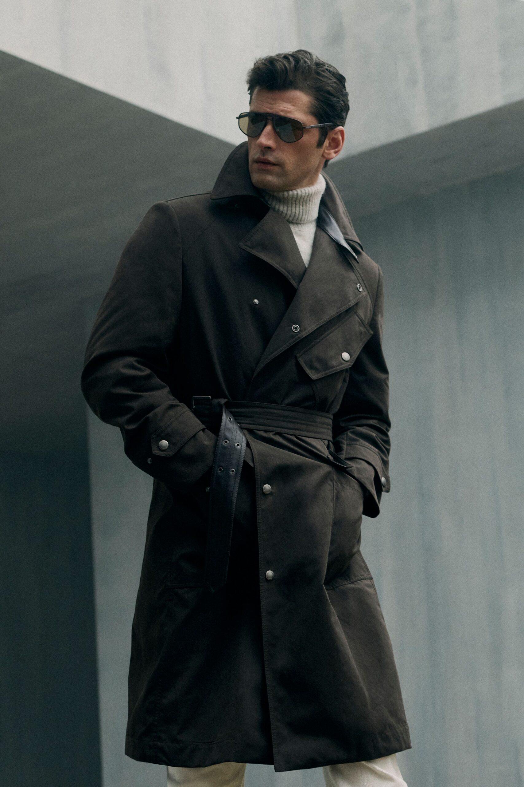 brown leather long-sleeve collared fitted belted coat