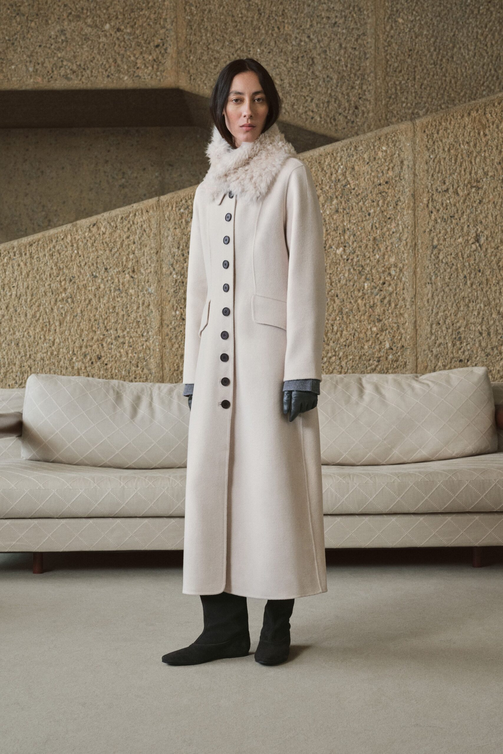 beige wool long-sleeve collared fitted buttoned maxi coat