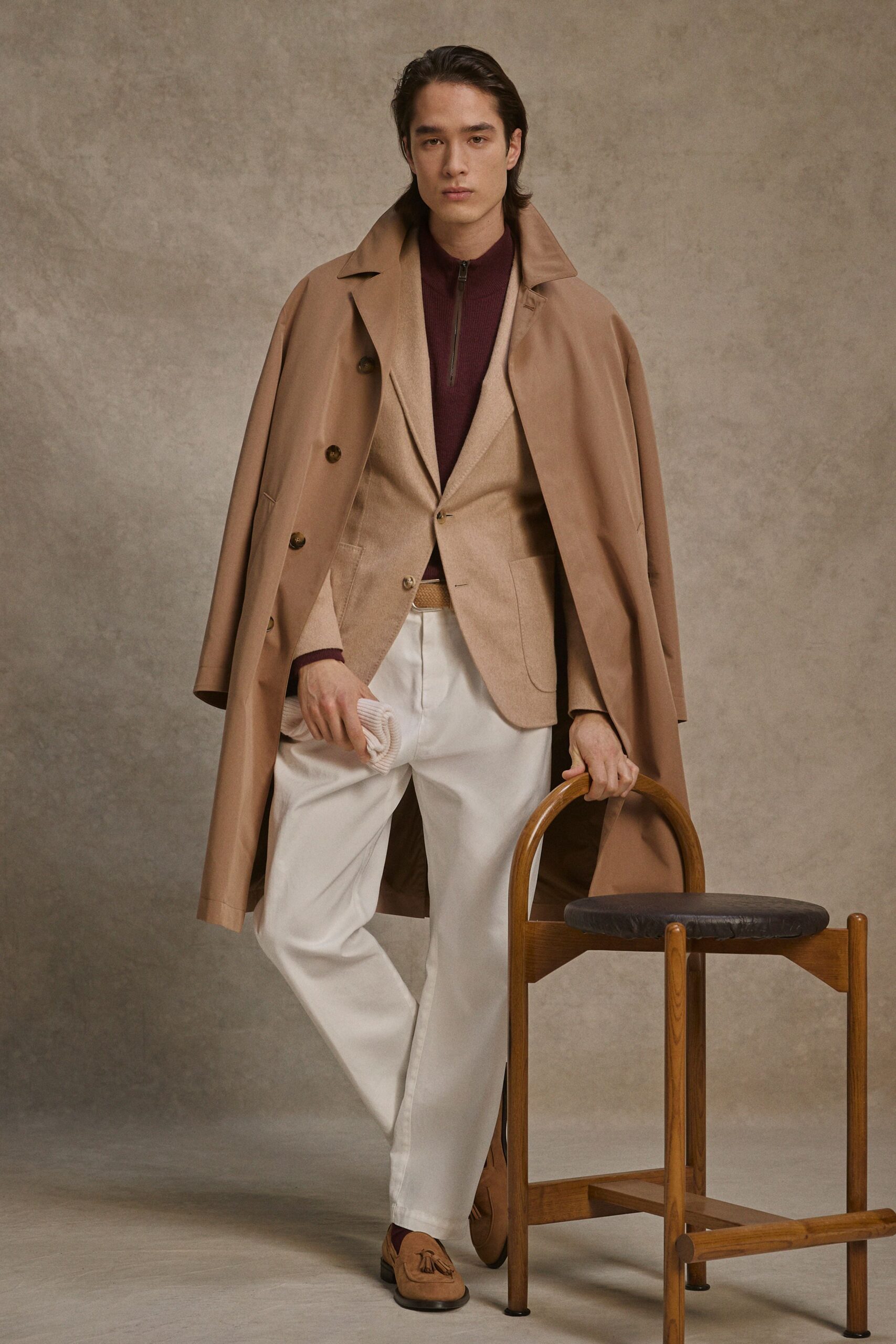 beige coat with tailored blazer