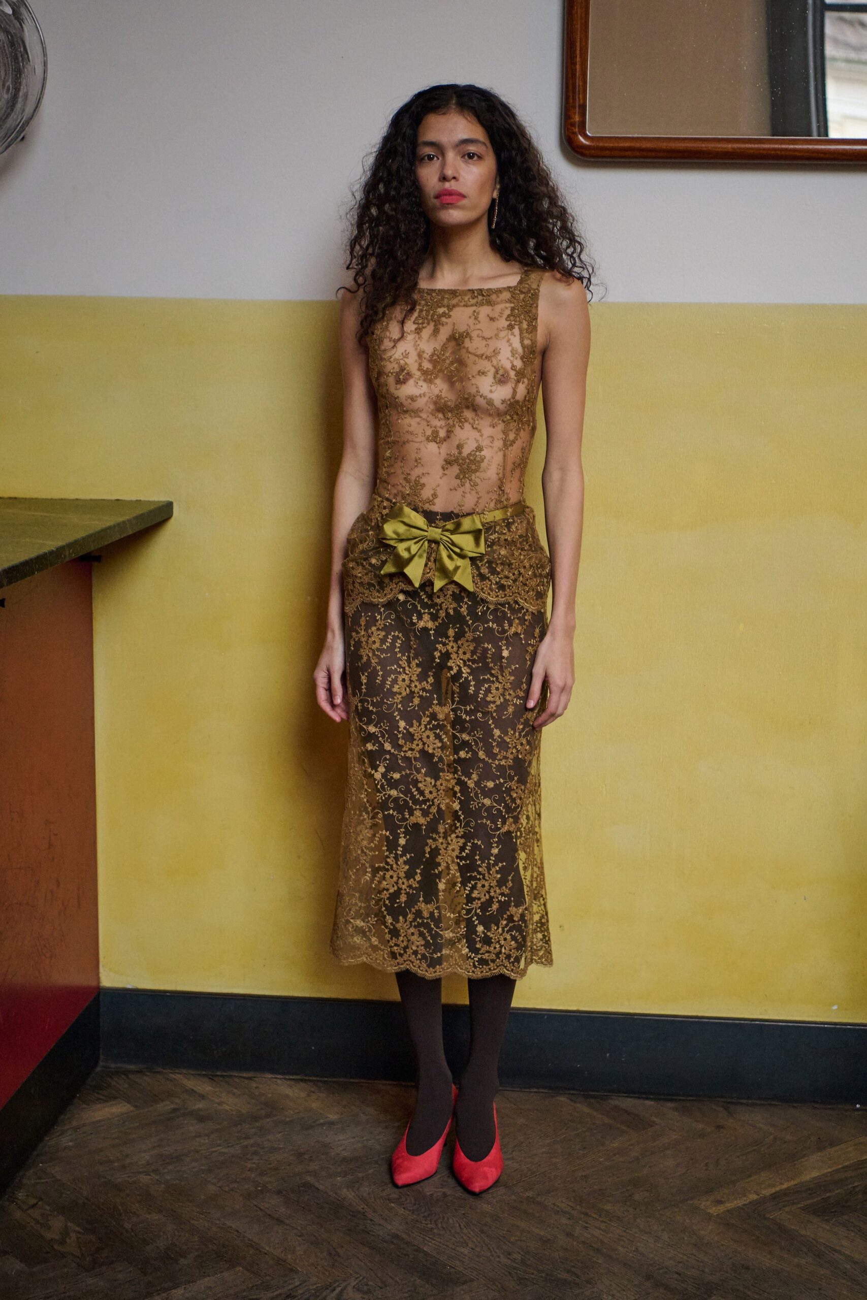 brown lace sleeveless high-neck fitted layered pleated dress