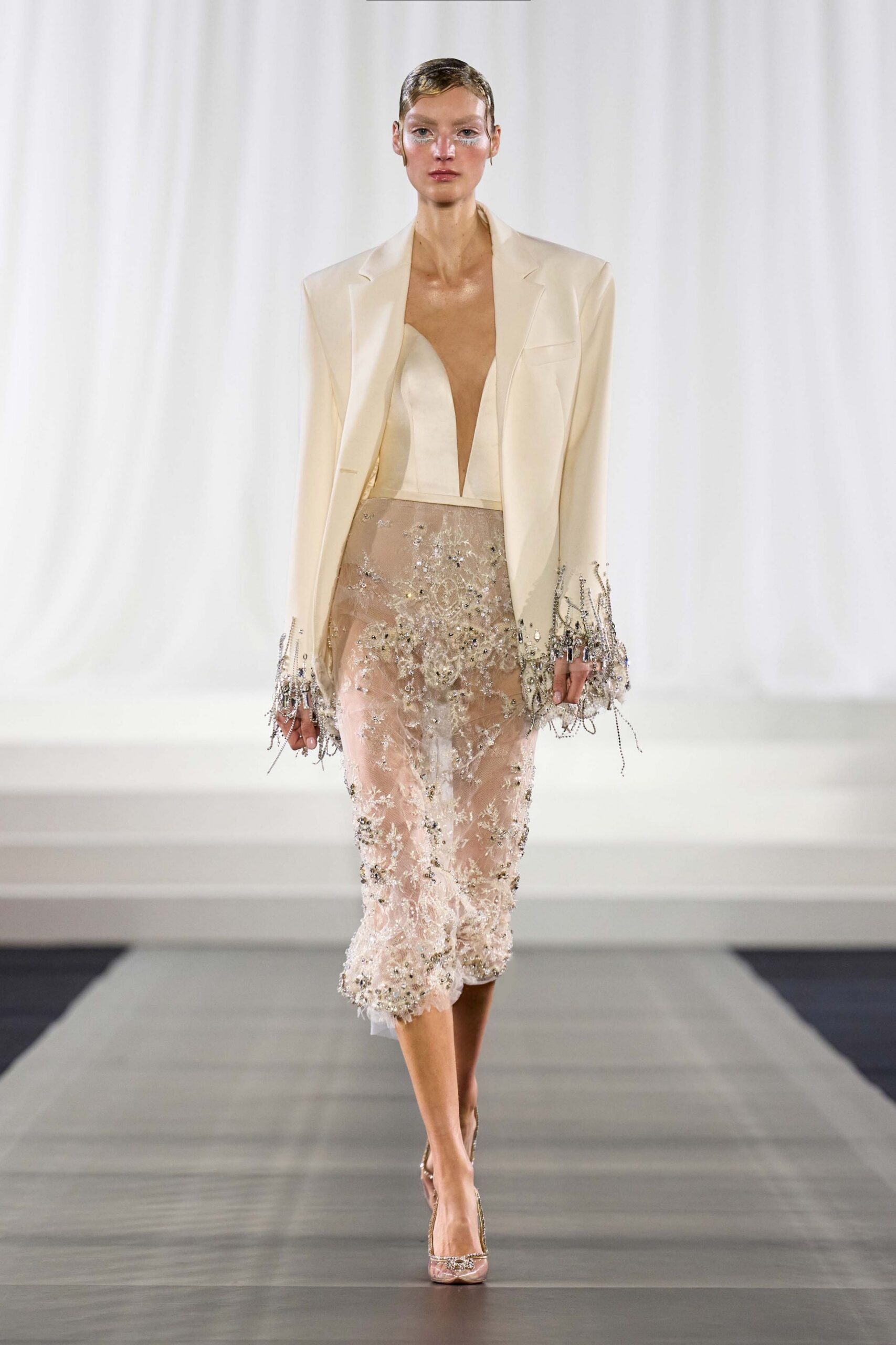 white silk long-sleeve v-neck structured buttoned blazer
