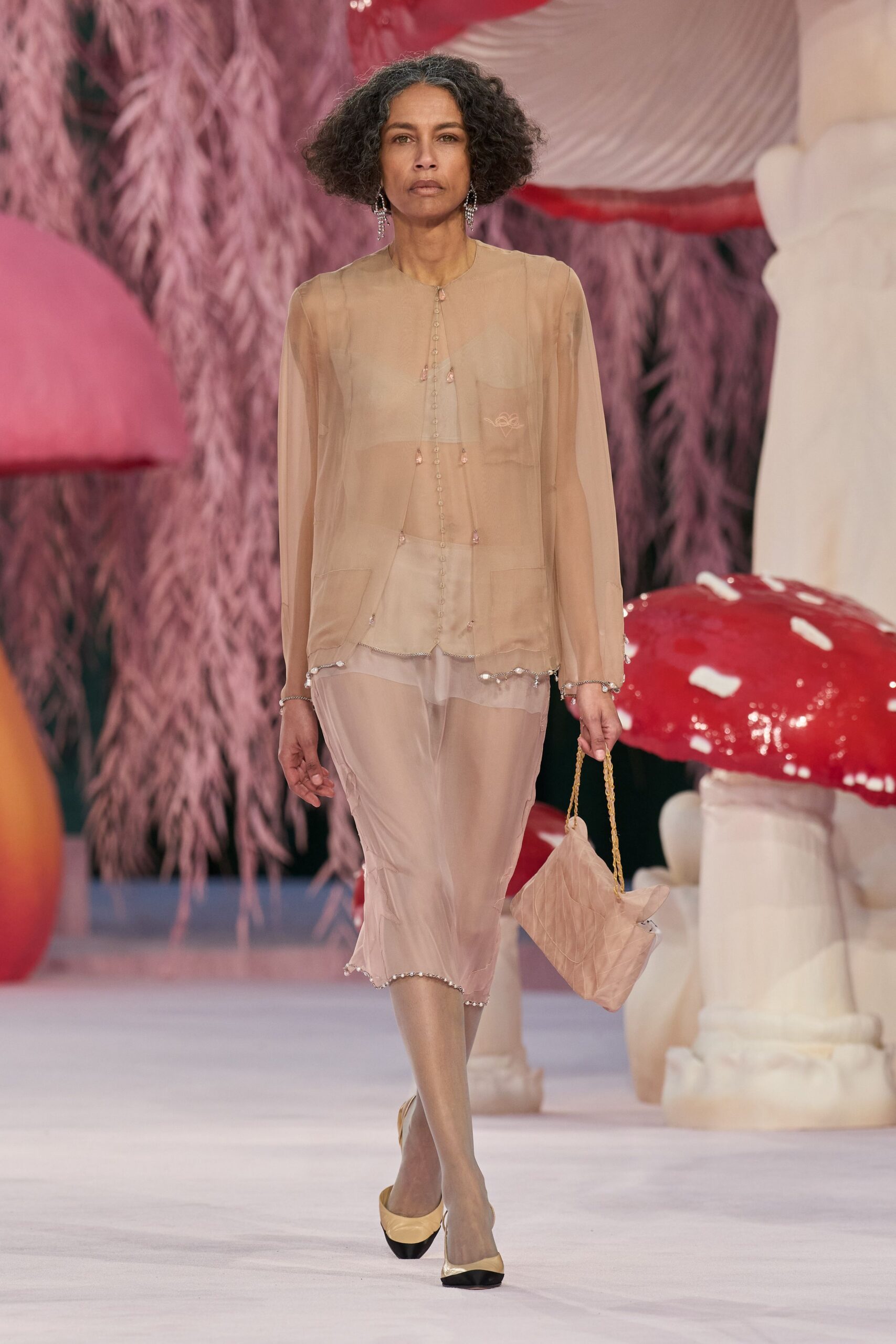 beige silk long-sleeve collared relaxed buttoned sheer top