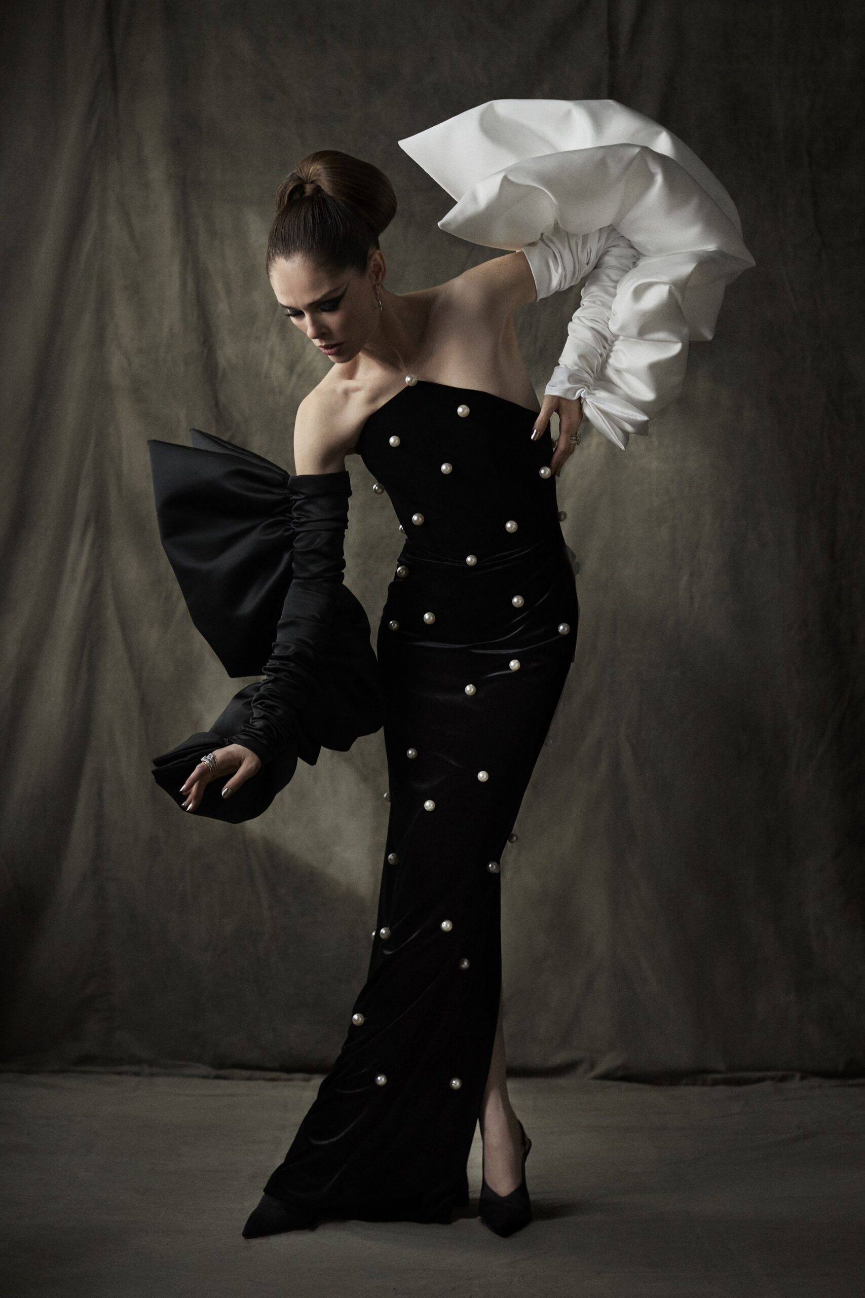 black silk strapless long-sleeve fitted embellished maxi gown