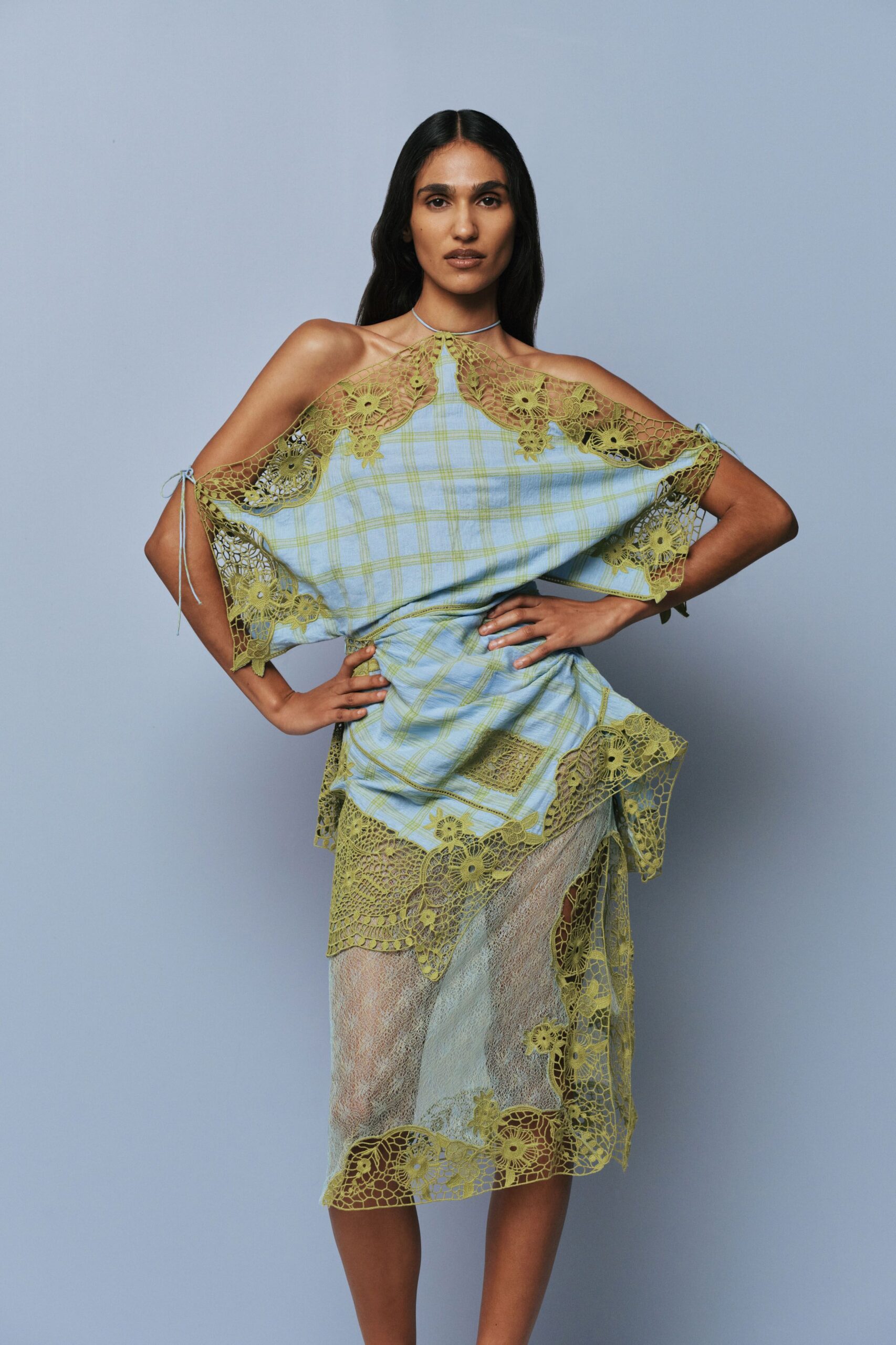 blue green lace midi dress