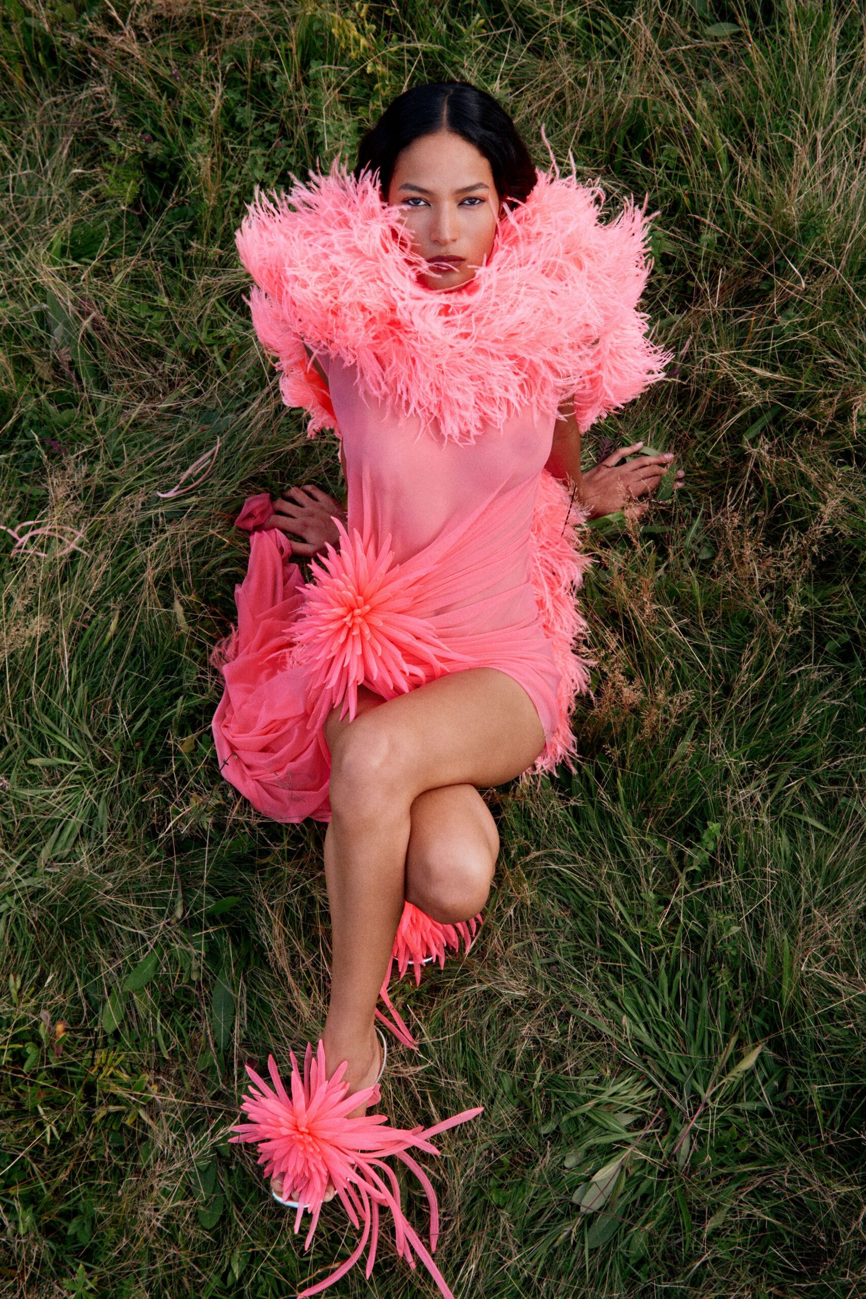 pink chiffon sleeveless v-neck fitted ruffled layered dress